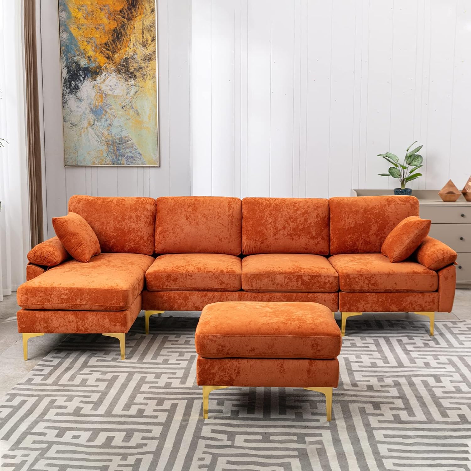 CALABASH 114" Sectional Sofa Couch L Shaped Sofa,Modern Velvet Upholstered 4 Seat