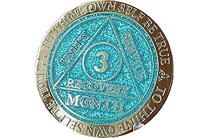 3 Month Sobriety Chip - Reflex Aqua Glitter and Gold Plated Medallion