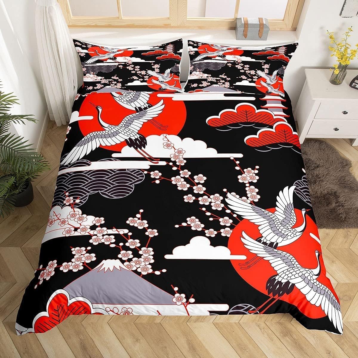 Homewish Japanese Style Single Duvet Cover Set 2 Pieces, Crane Bedding Set for Kids Adults, Pink Cherry Blossoms Printed Quilt Cover, Vintage Red And Black Bed Set, Black Reversible, Microfibre — image 1