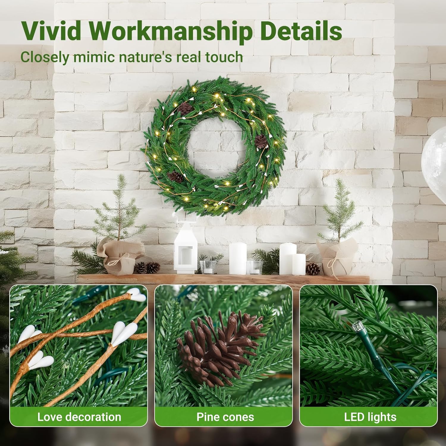 ELYKEN 22'' Christmas Wreath with 30 LED Lights for Front Door, Xmas Wreath with Hanger, Pre-Lit Artificial Wreath Christmas Decorations with Red Berry for Indoor Outdoor Use - Image 3