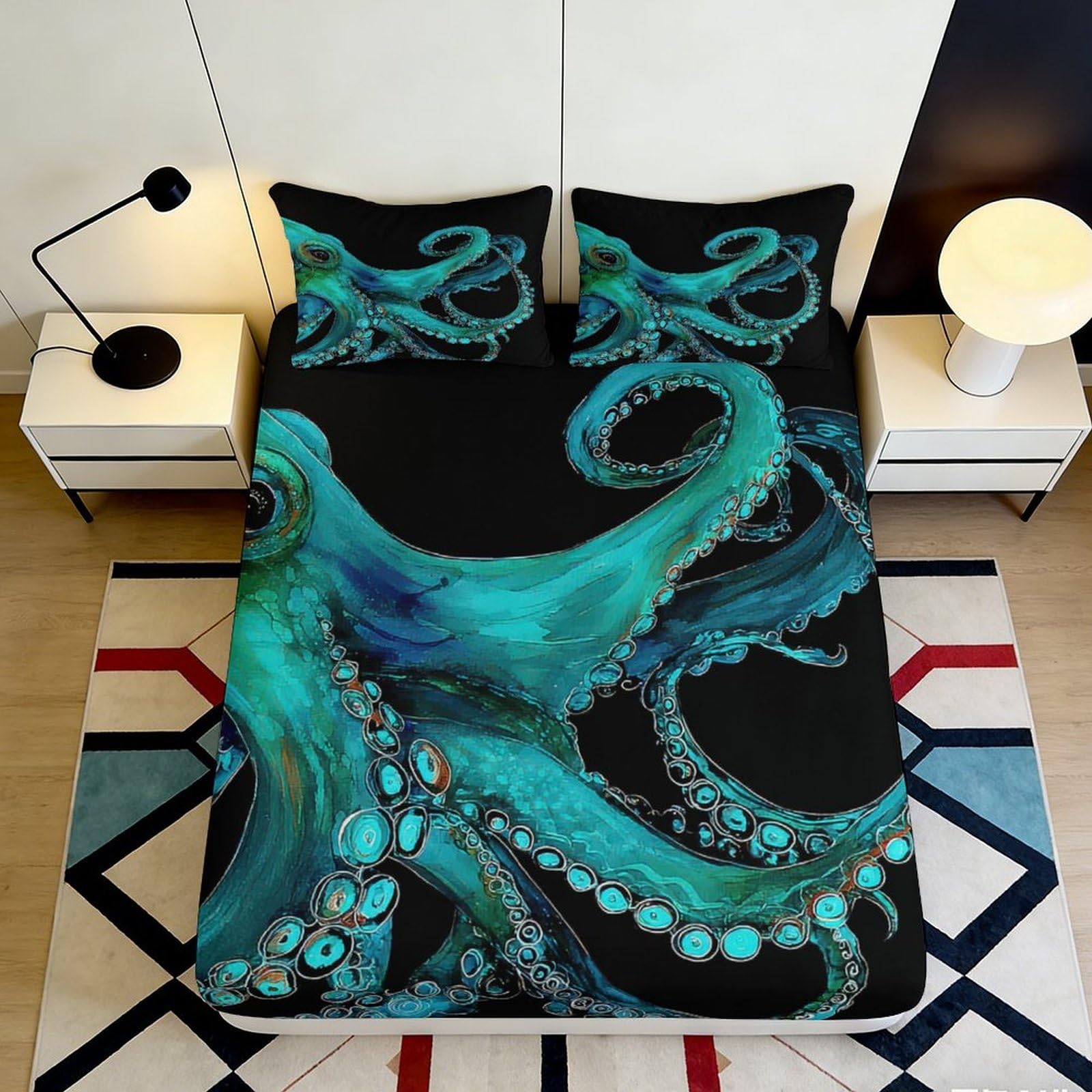 3D Printed Ocean Octopus Fitted Sheet Microfiber Soft Black Marine Mattress Cover Bedroom Dorm Mattress Decor 90x200x25cm
