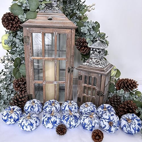 Miniatura 6 de Winlyn 12 calabazas decorativas de tela pequeña en azul y blanco, chinoiserie chic, calabazas de espuma de 3 pulgadas para regalos, otoño, boda,