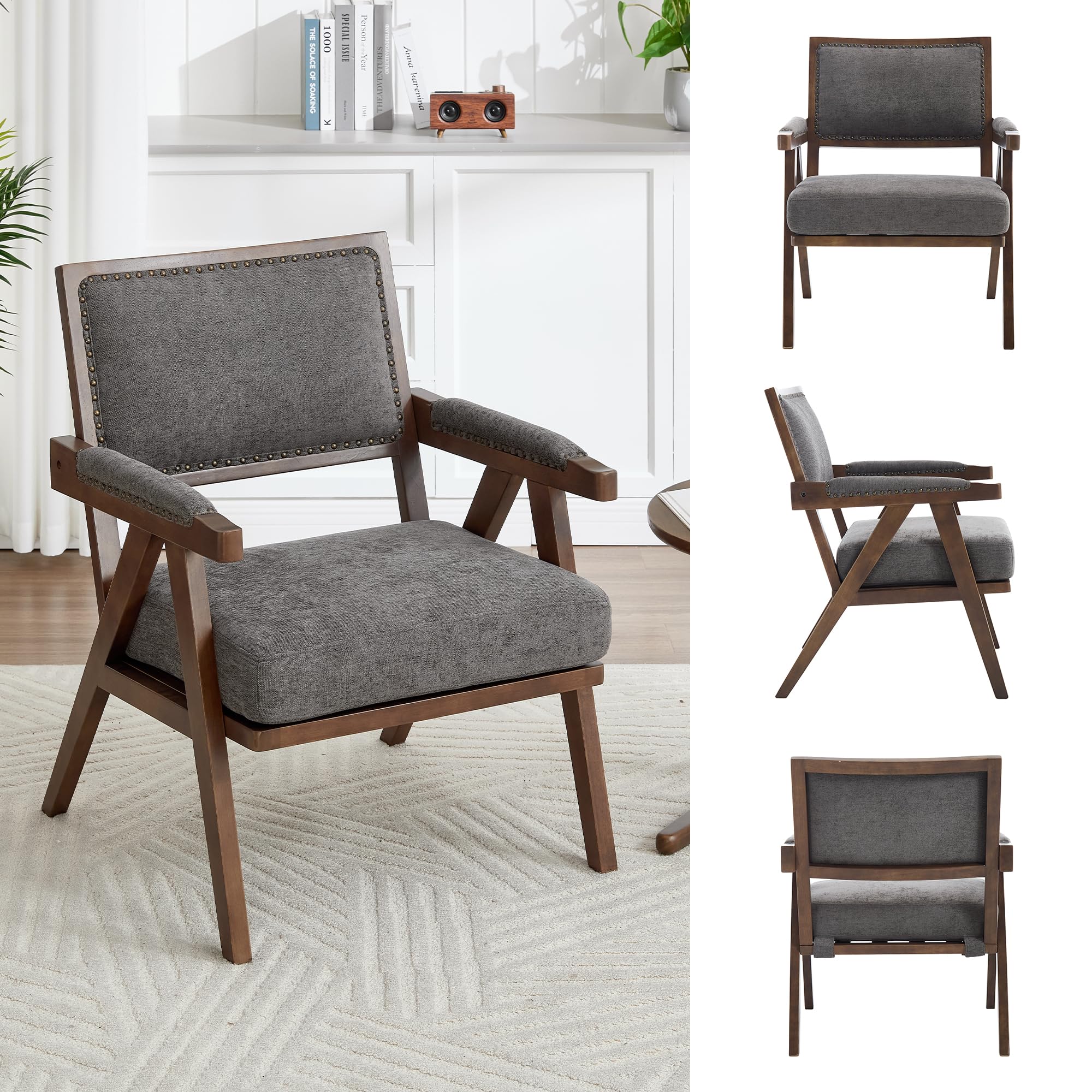 Lexiou Mid-Century - Sillón individual de tela con reposabrazos, marco de madera acolchado, para salón, dormitorio, estudio, oficina, decoración (gris)