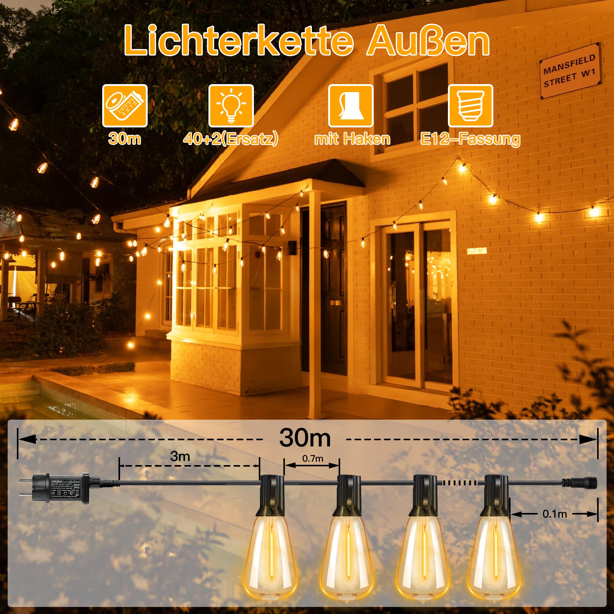 Led Lichterkette Außen Outdoor Strom-30M mit Fernbedienung Timer | dimmbar 98ft ST38 Glühbirnen 3 Modi, Lichterketten IP44 Wetterfest für Garten Balkon Terrasse