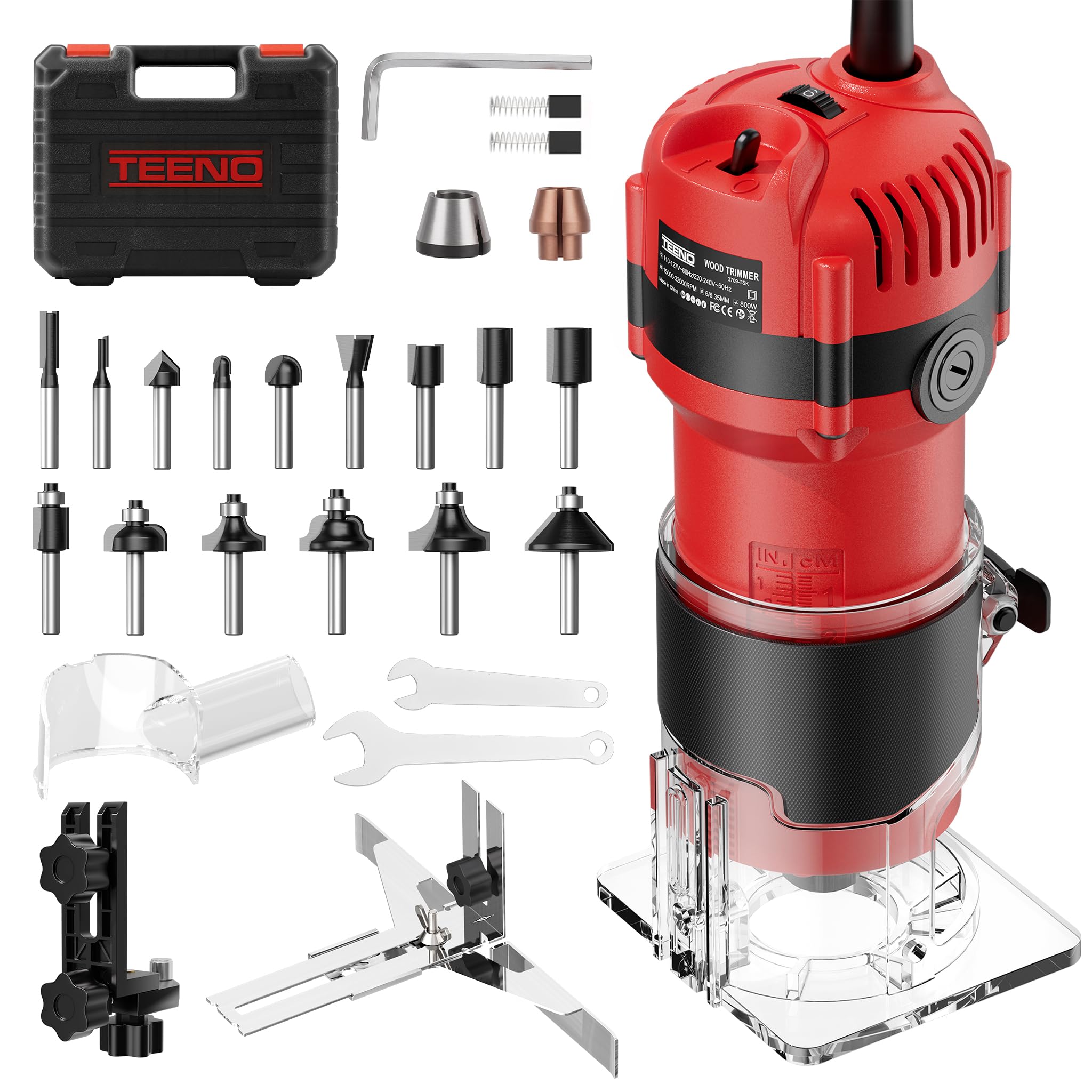 TEENO Router Tool, 1.25 HP 6.5 Amp Compact Wood Router Tool for Woodworking | 6-Speed Palm Wood Router & Electric Hand Trimmer. Laminate Trimmer: 15-Pc Bits, 1/4", 6mm Collets, Guides, Dust Hood, Case
