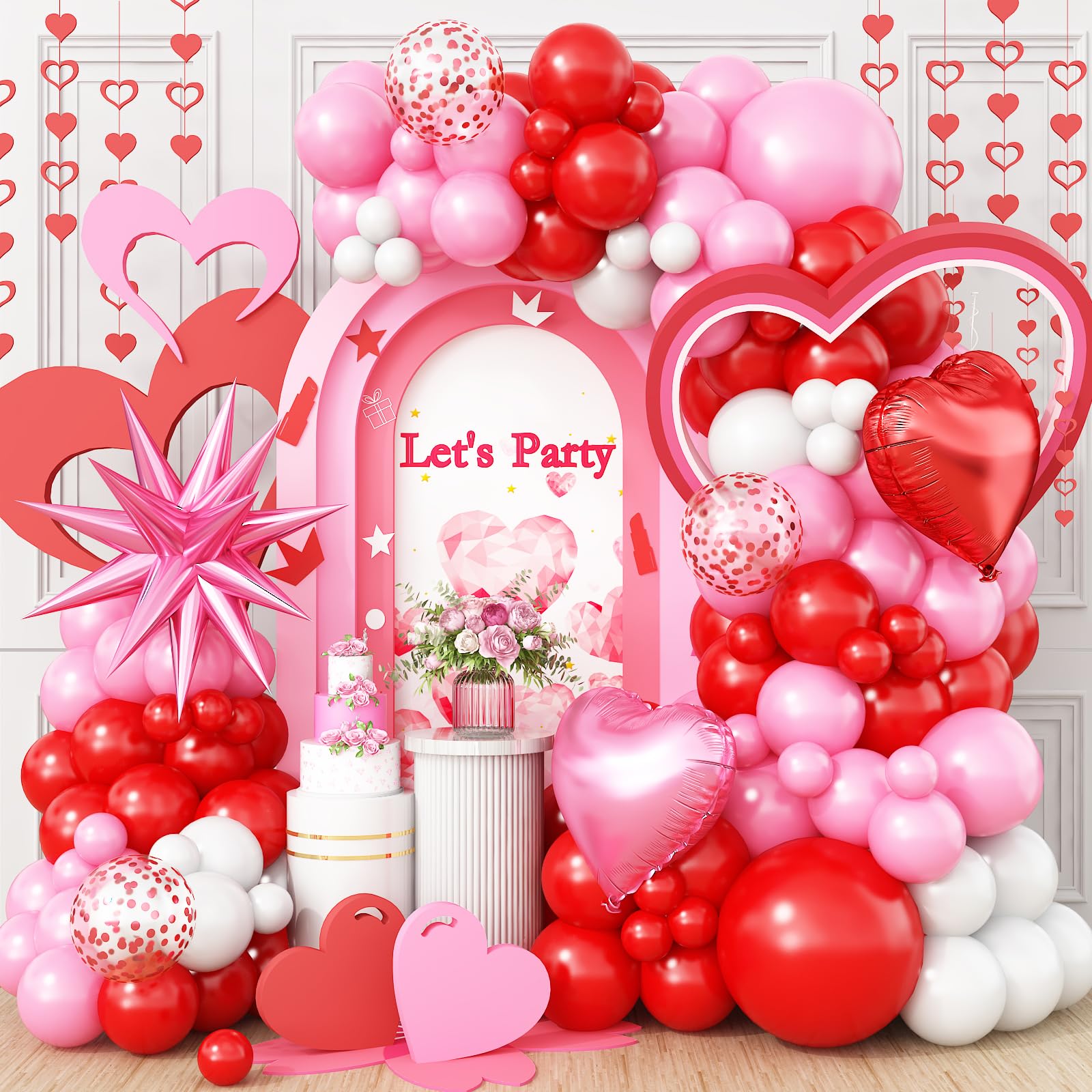 Pink Balloon Garland Arch Kit,Red Pink White Balloon Garland with 18Inch Heart Balloons and 22Inch Star Balloons for Mother's Day Valentines Birthday