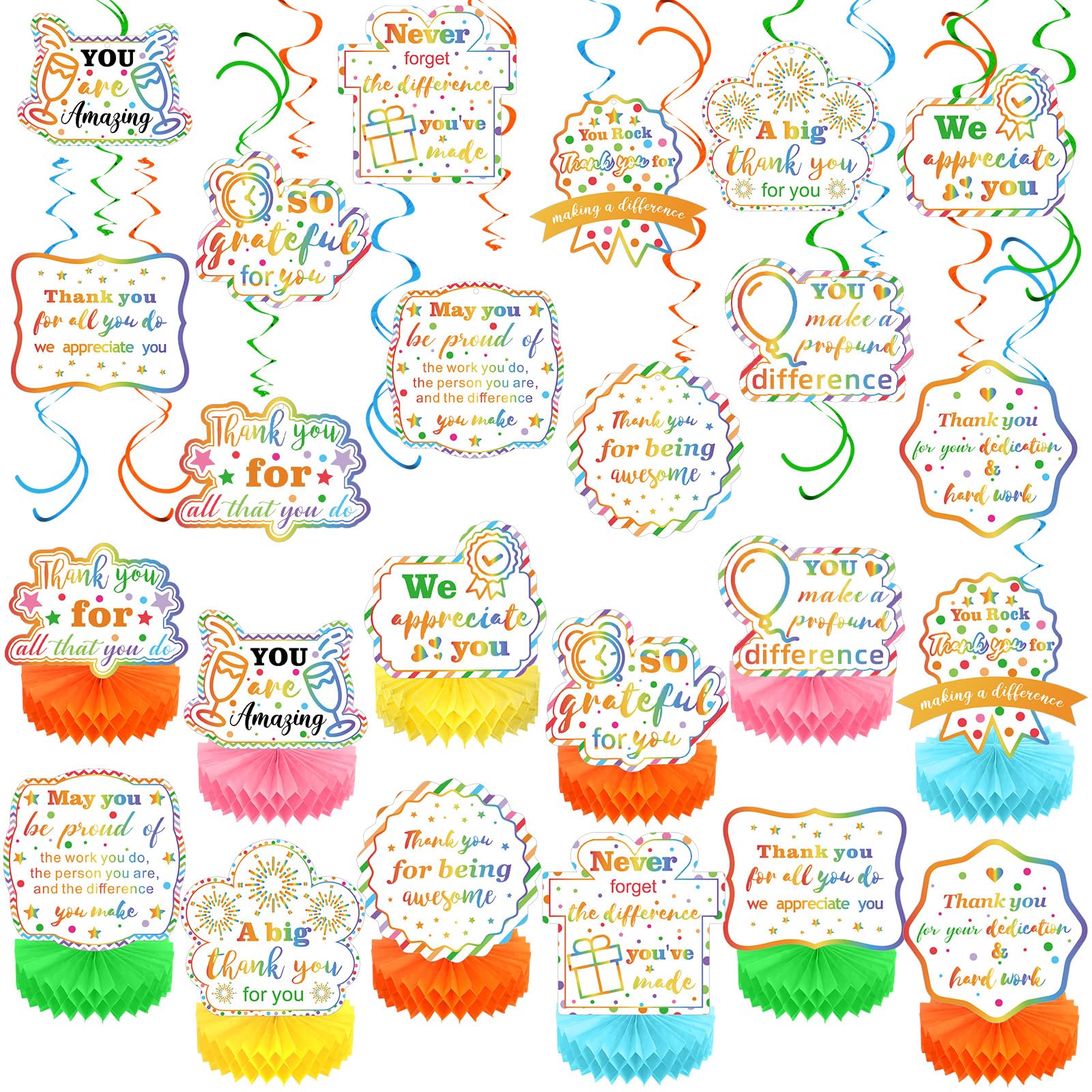 Weekgrat 36 Pcs Housekeeping Week Appreciation Party Decor We Appreciate You Surgical Tech Table Honeycomb Centerpieces Thank You Hanging Swirls Banner for Pastor Teacher Staff Employee(Colorful)