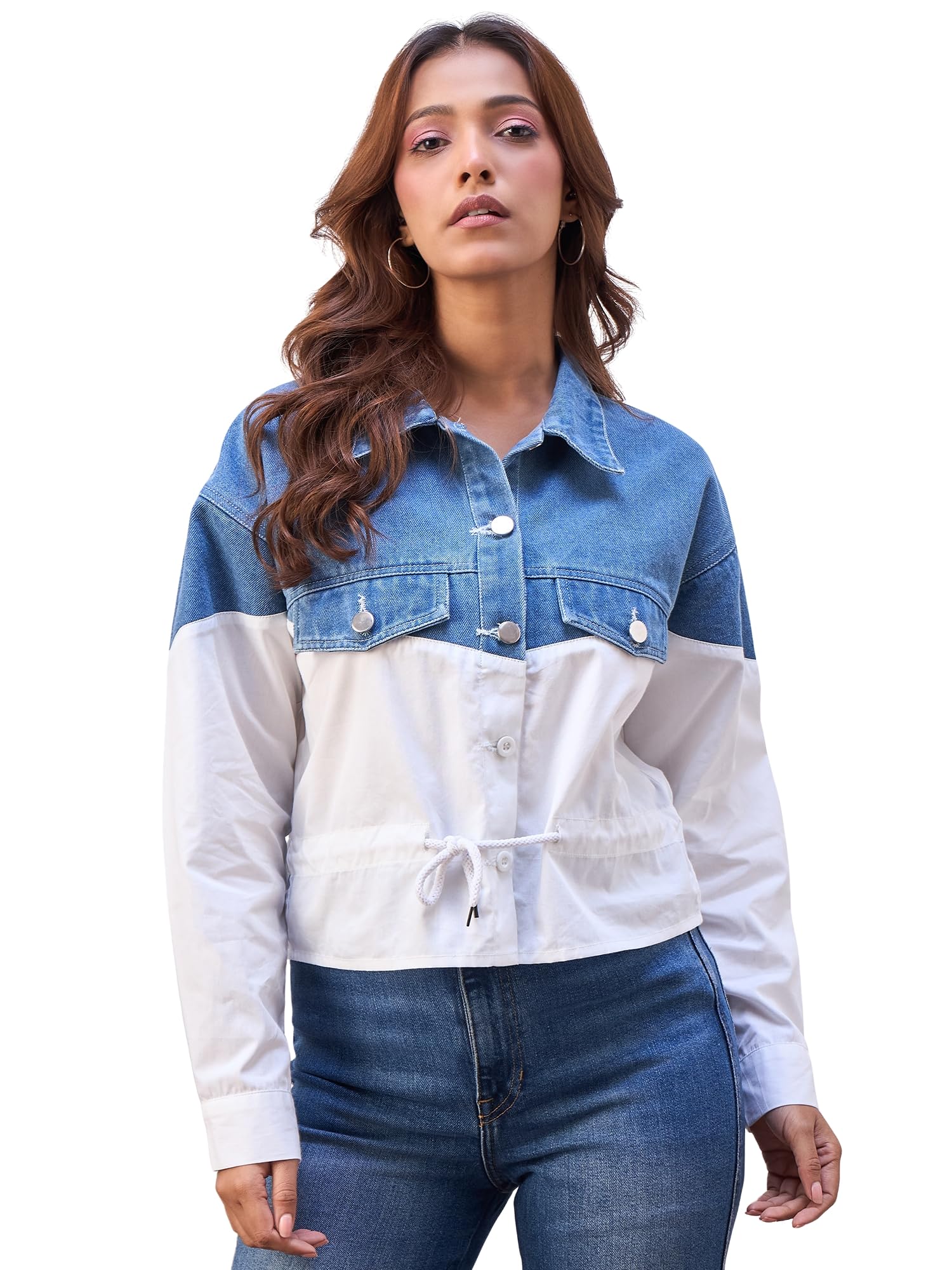 stylestone Women's Denim and Cotton Colour Blocked Shirt Cum Jacket-picture-16