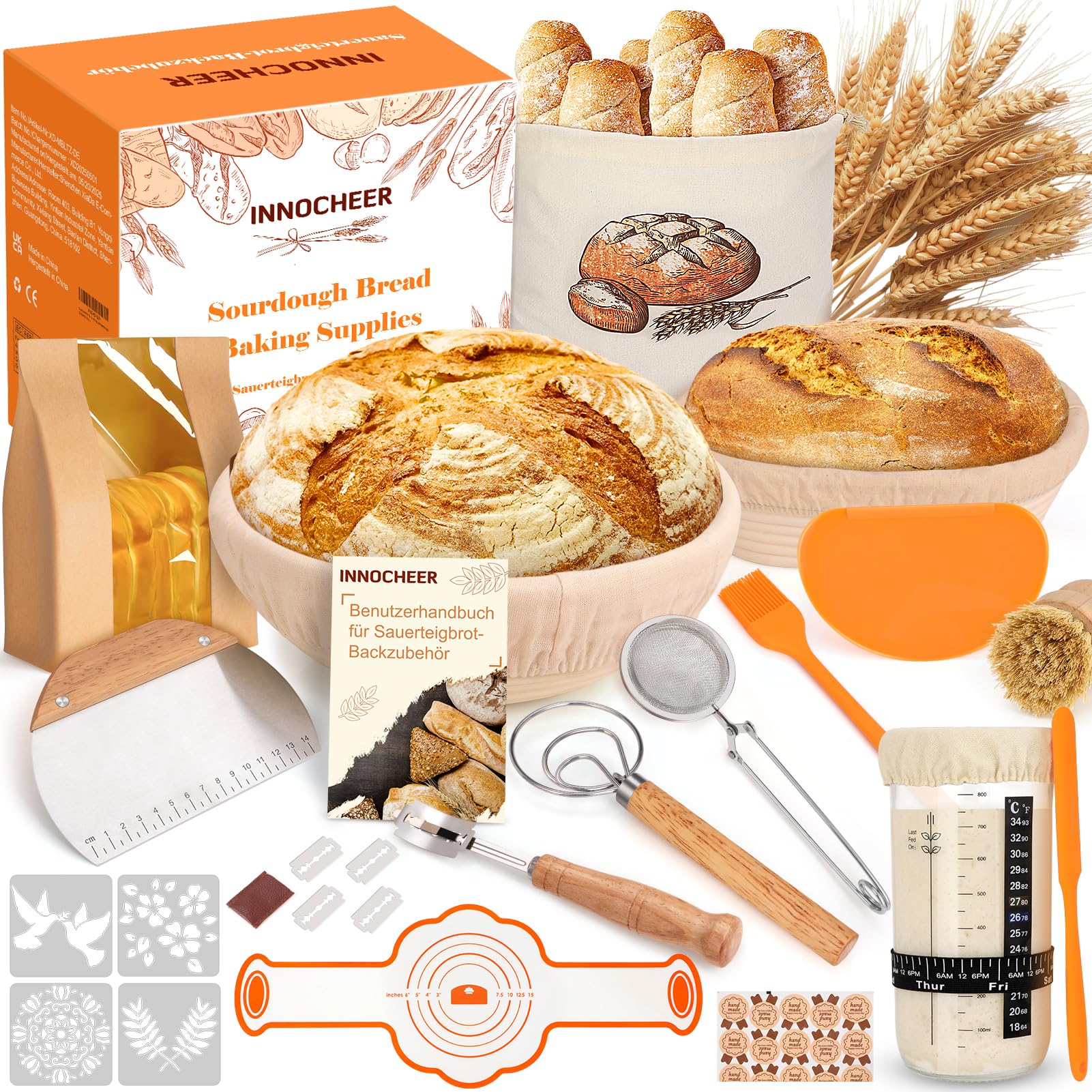 Gärkörbchen Für Sauerteig Starter Set, 25cm & 23cm Gärkorb Brot Brot Backen Mit Sauerteig Starterglas, Brot Backen Startver Set Großes Geschenk Für Anfänger, Bäcker