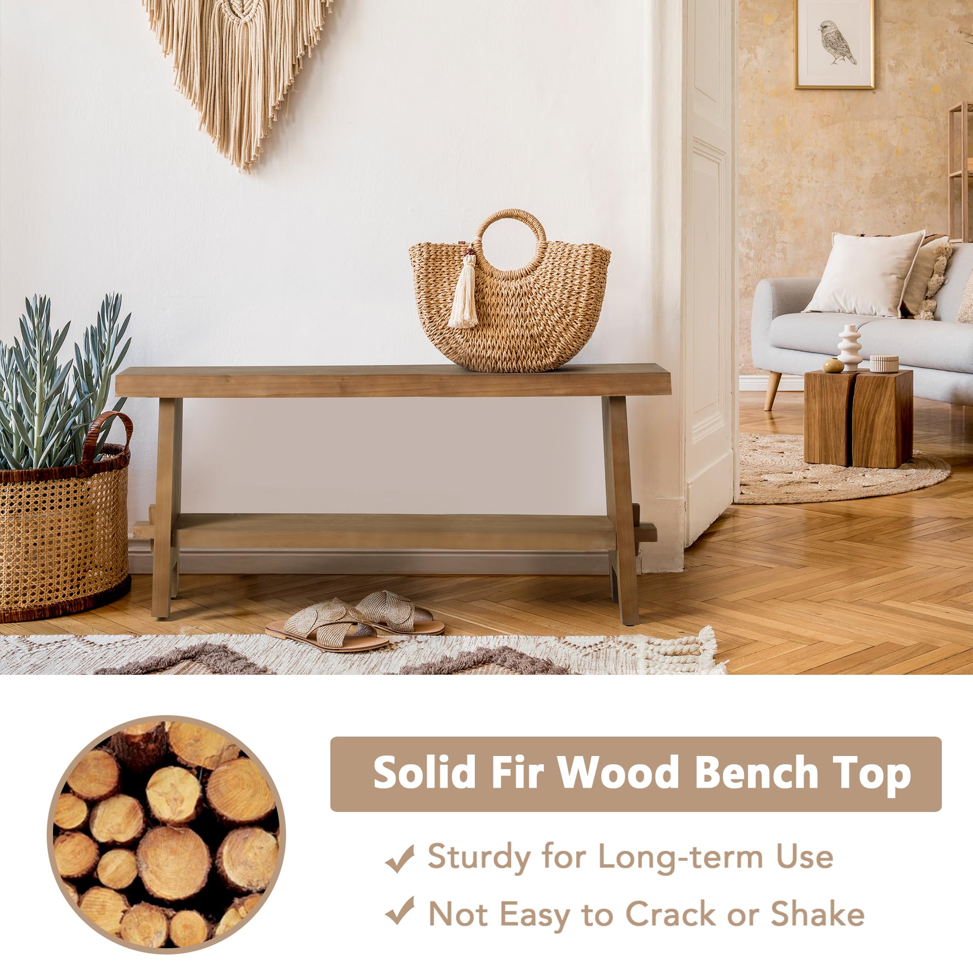 Wood Entryway Bench - 43.3" Farmhouse Long Storage Bench, Indoor | Solid Wood Bench Top, Rustic Narrow Bench Seat for Entryway, Dining Room, Living Room and Hallway, Brown