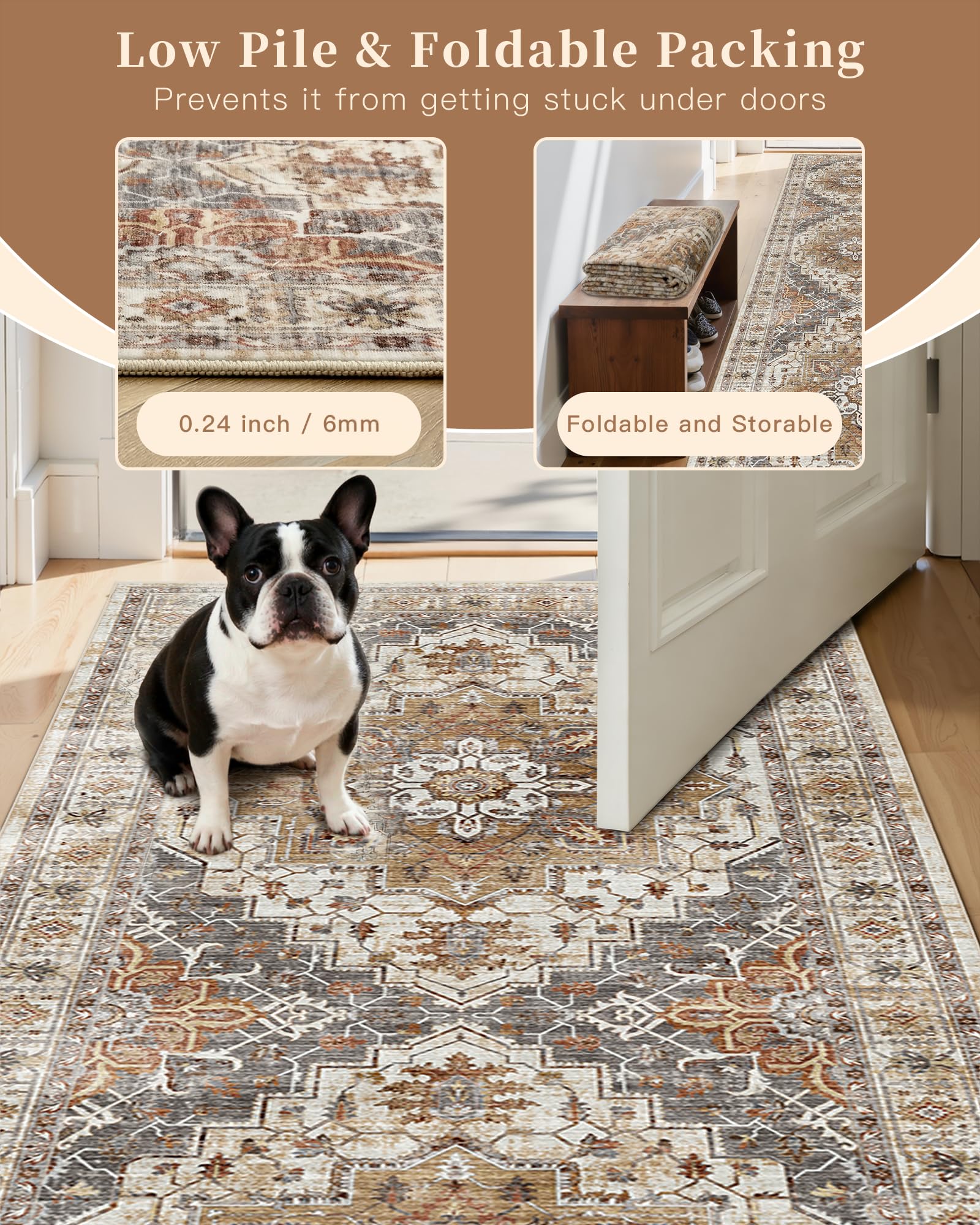 Madane Washable Entry Rug 3x4, Area Rugs for Entryway Kitchen Bathroom Door Mat Indoor Entrance, Vintage Floral Print Office Runner with Non Slip Rubber Backing, Turmeric/Grey