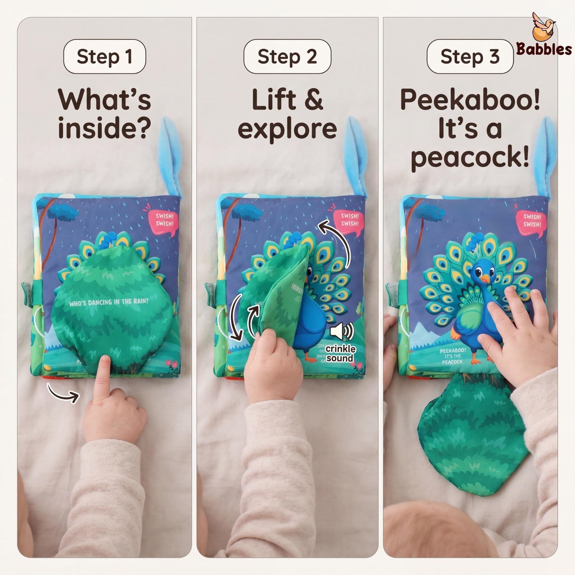 Babbles Peek-A-Boo Animal Baby Book, Soft Cloth Book for Infants & Toddlers with Crinkle Pages, Flaps & Textures, Sensory Play Toy, Gift for Baby Ages 6 Months and Up 3