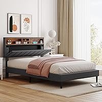 Vista 33 de Quarte Cama de plataforma tapizada de tela de lino retro de tamaño matrimonial con puerto USB, estantes de almacenamiento y cabecera ajustable