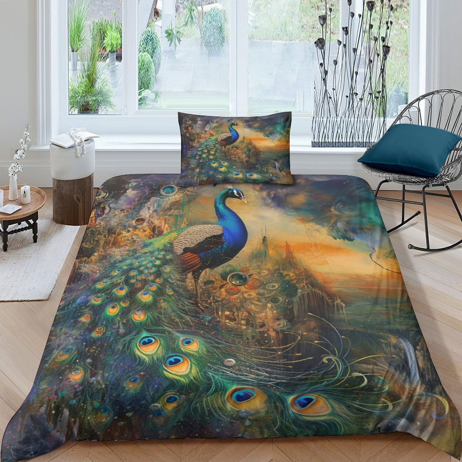 NRAOPEVVD Peacock Duvet Cover Sets 3 PCS Hotel Quality Quilt Cover Bed Sets Bed Covers with Pillowcases with Zipper Closure Breathable Stylish Comforter Single（135x200cm）