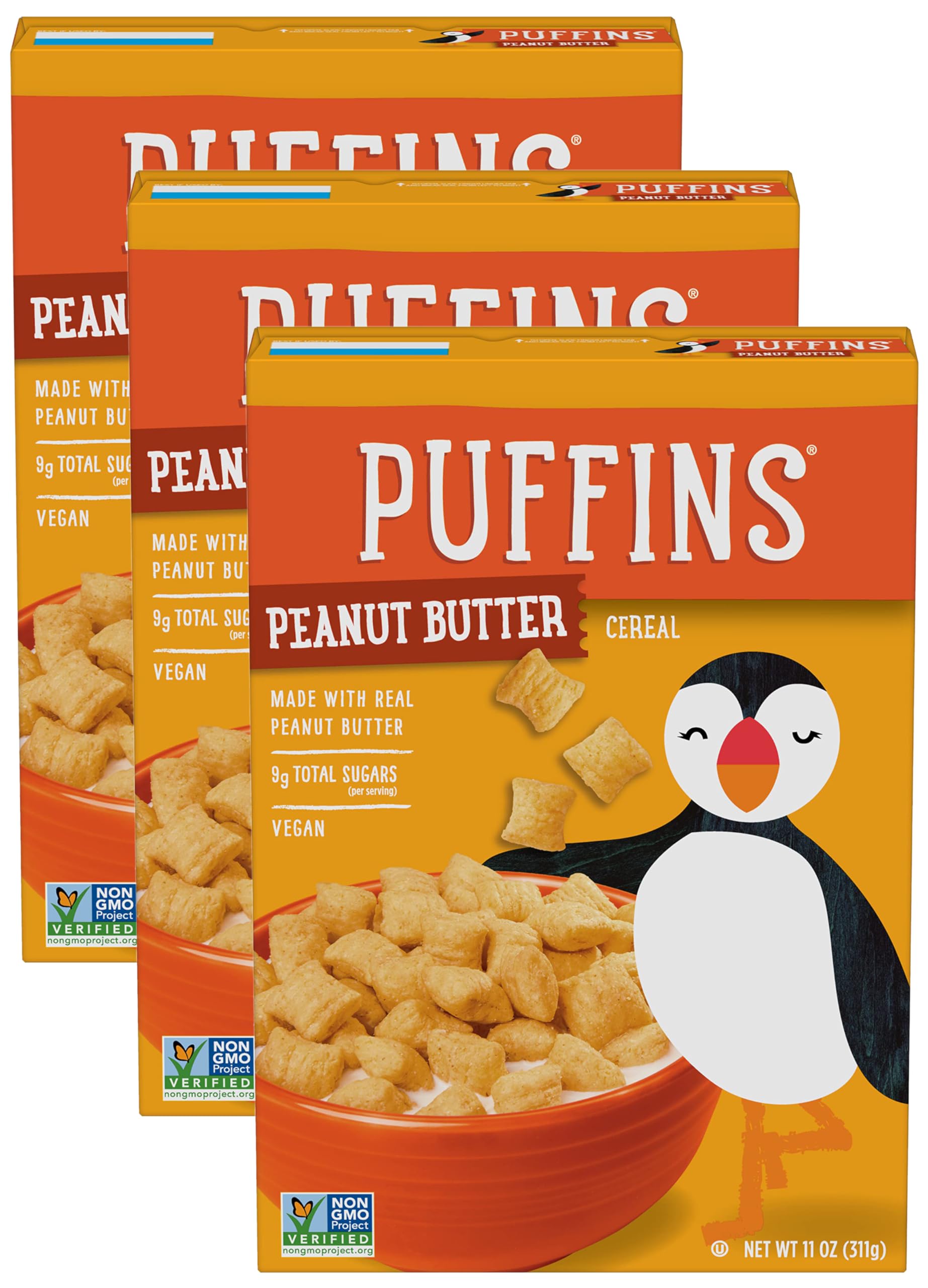Barbara's Peanut Butter Puffins Cereal, Puffed Kids Cereal, Peanut Butter Cereal Made With Real Peanut Butter, Vegan, Kosher, Non-GMO Project Verified, 11 OZ Box (Pack of 3)