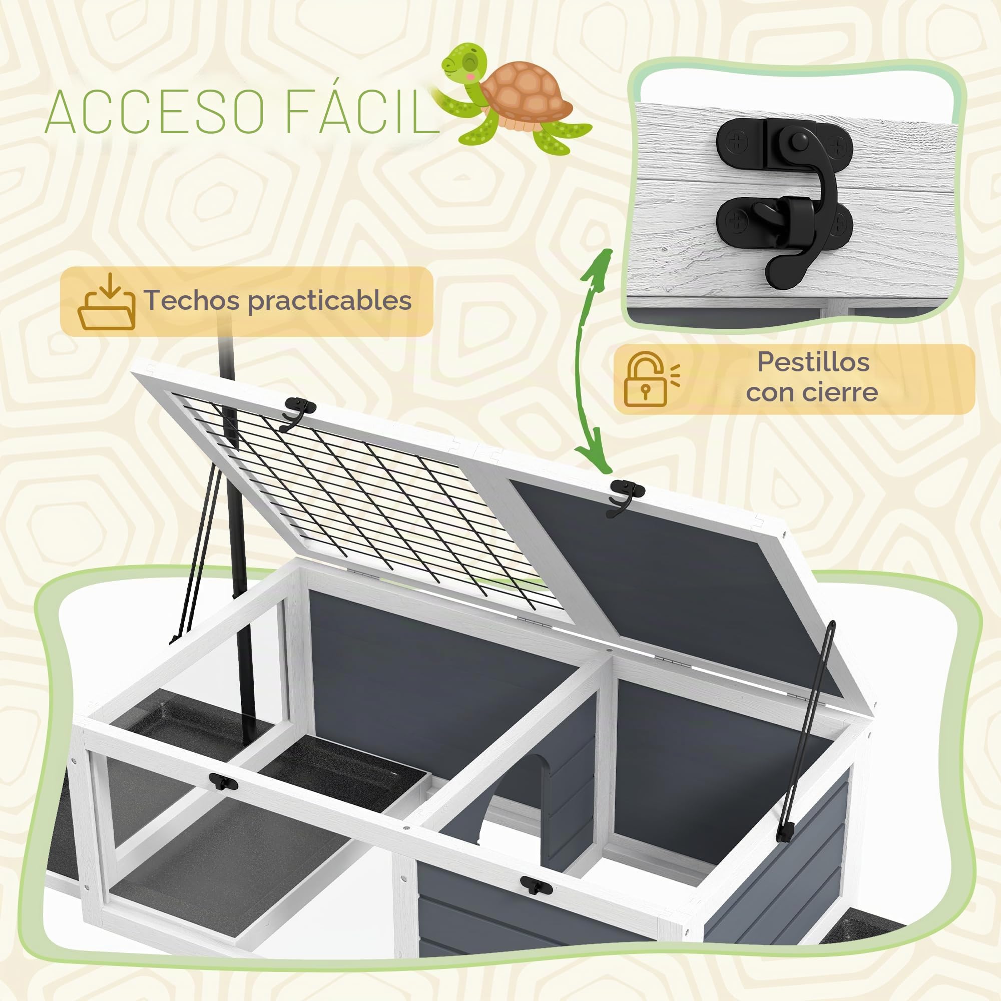 PawHut House - Jaula para tortugas de tamaño pequeño con 2 espacios, portalámparas ajustable, 2 bandejas deslizantes, 81 x 48 x 31,5 cm, madera maciza gris