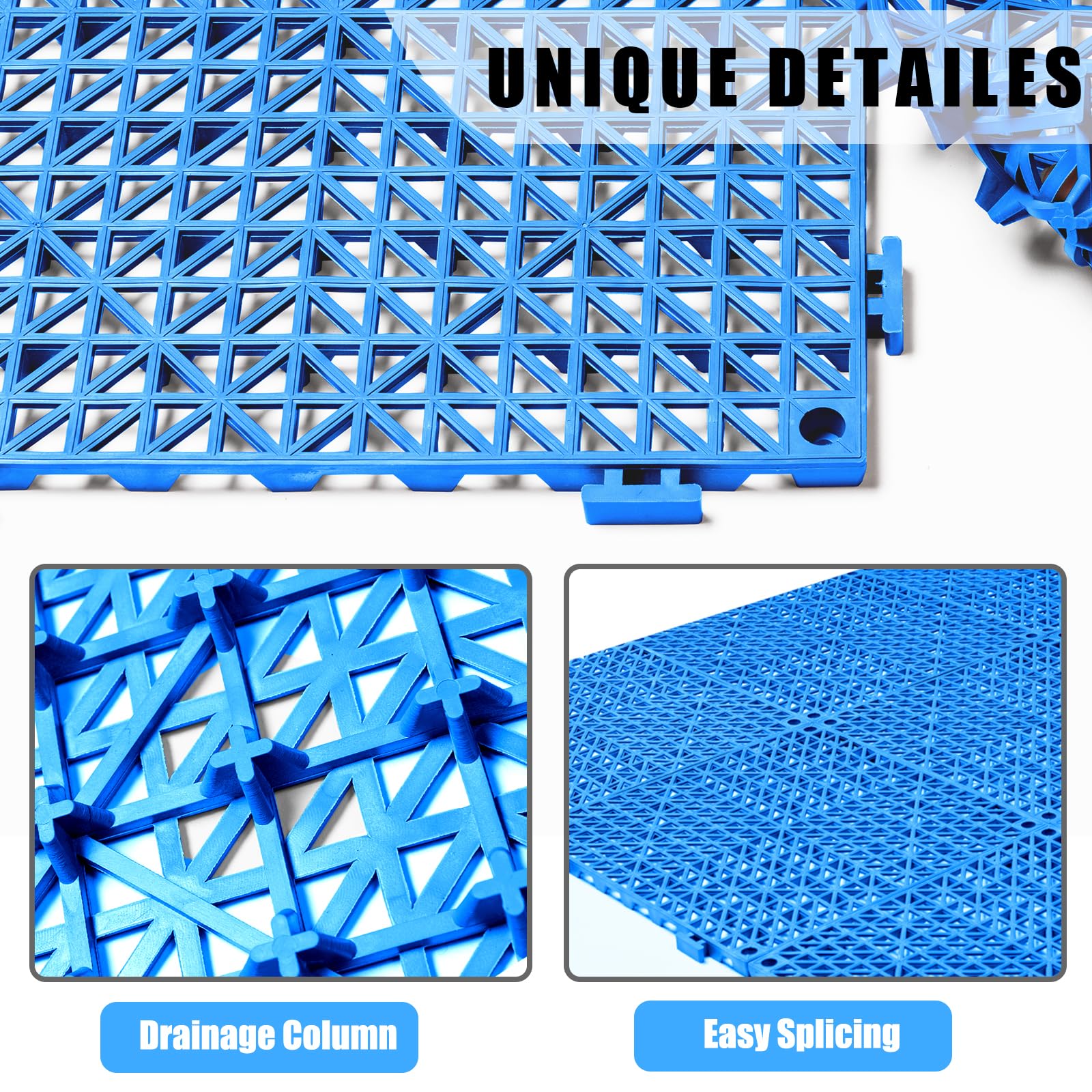 Lot de 8 dalles de sol emboîtables pour drainage de piscine, tapis de sol en PVC souple avec trous pour douche, sous-sol, garage, abri de jardin - Bleu
