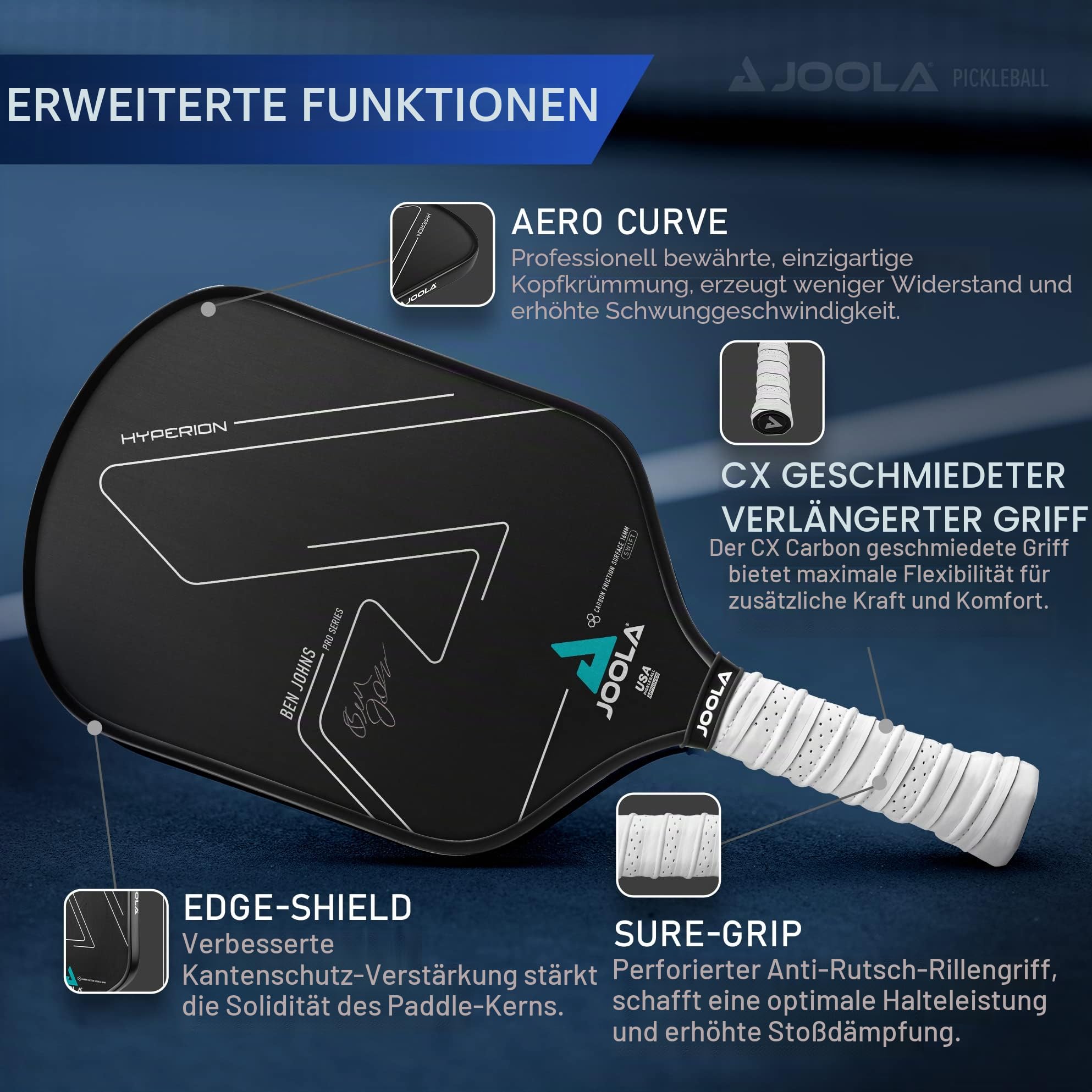 JOOLA Ben Johns Hyperion CFS 16 mm Swift Pickleball Paddel – USAPA zugelassen für Turnierspiele – Carbonfaser Pickle Ball Schläger – maximale Geschwindigkeit mit hoher Körnung und Spin