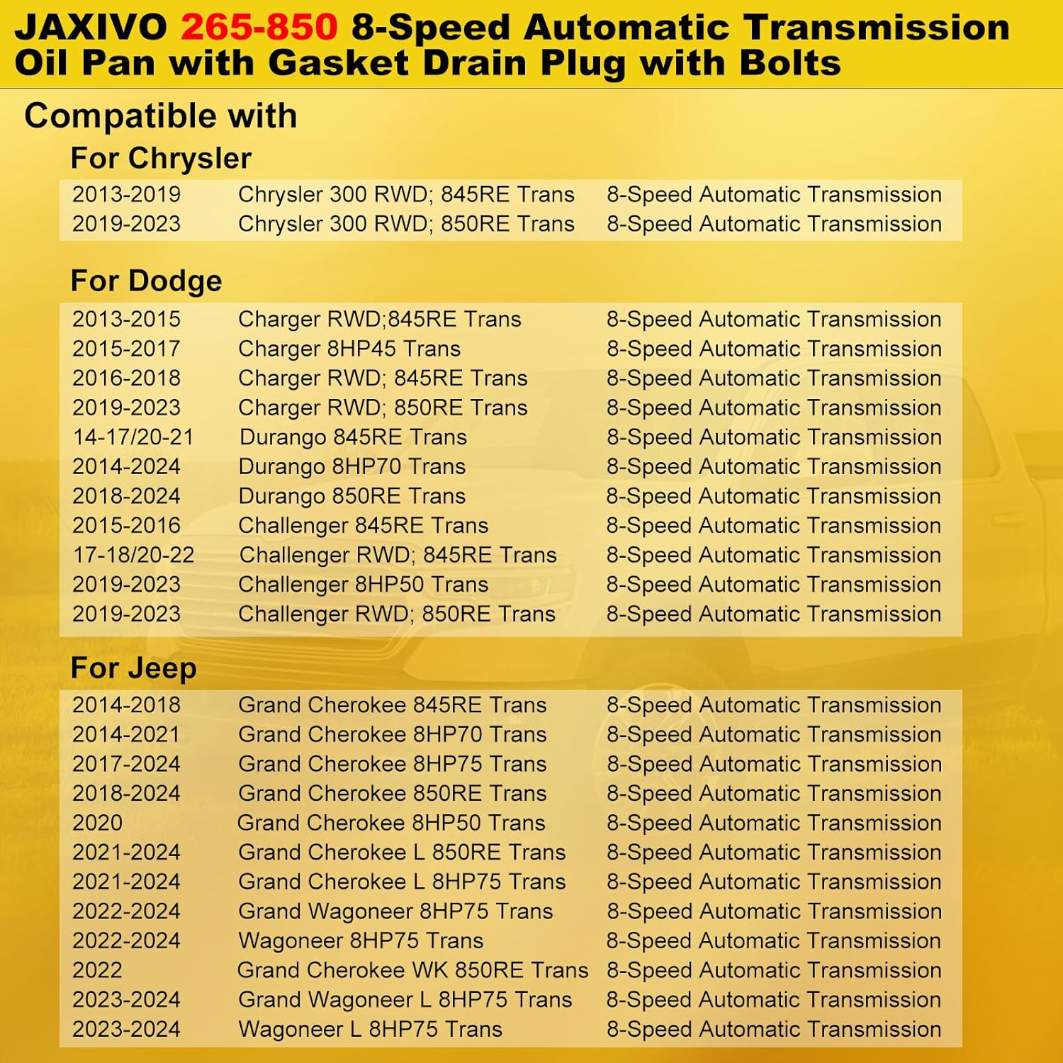265-850 8-Speed Automatic Transmission Oil Pan with Gasket Drain Plug with Bolts for 13-23 Chrysler 300 Charger RWD,14-24 Durango 8HP70,14-24 Grand Cherokee,13-24 Ram 1500,19-24 Ram 2500 3500