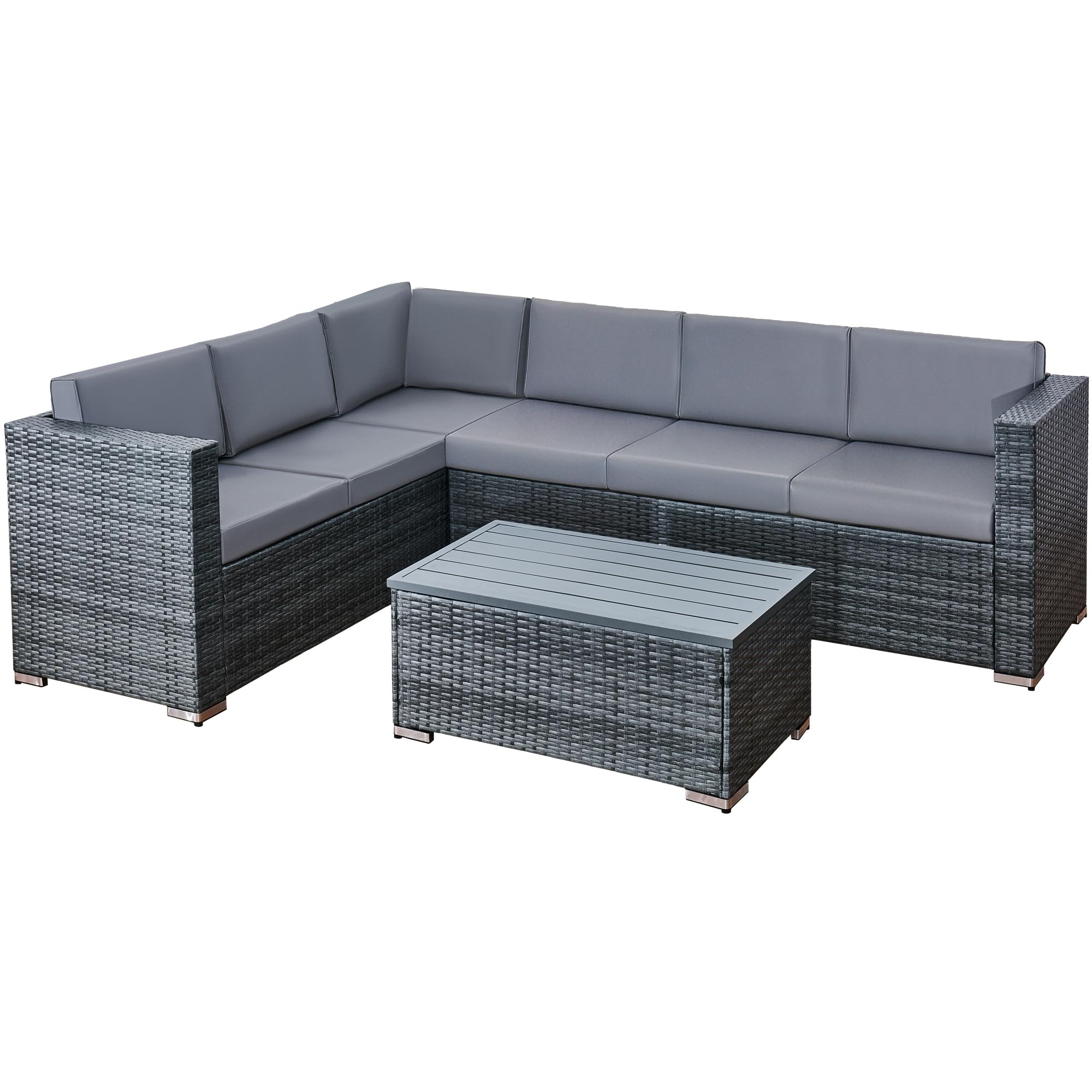 3 Pcs Aluminium Frame Rattan Garden Furniture Set, 6 Seater Corner Garden Sofa with Cushions and Glass Coffee Table, Outdoor Patio Furniture Set for Balcony, Conservatory, Terrace — view 9