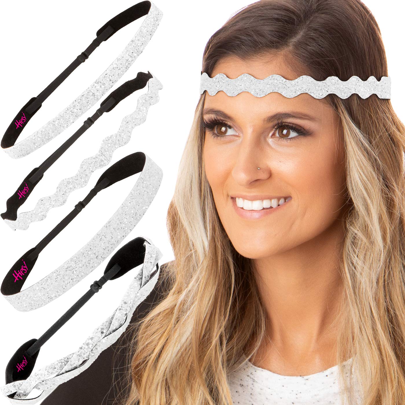 Hipsy PETITE Size, Adjustable No Slip Sparkly Bling Mixed 4pk Headbands for Women Girls & Teens (Bling Glitter Mixed White)