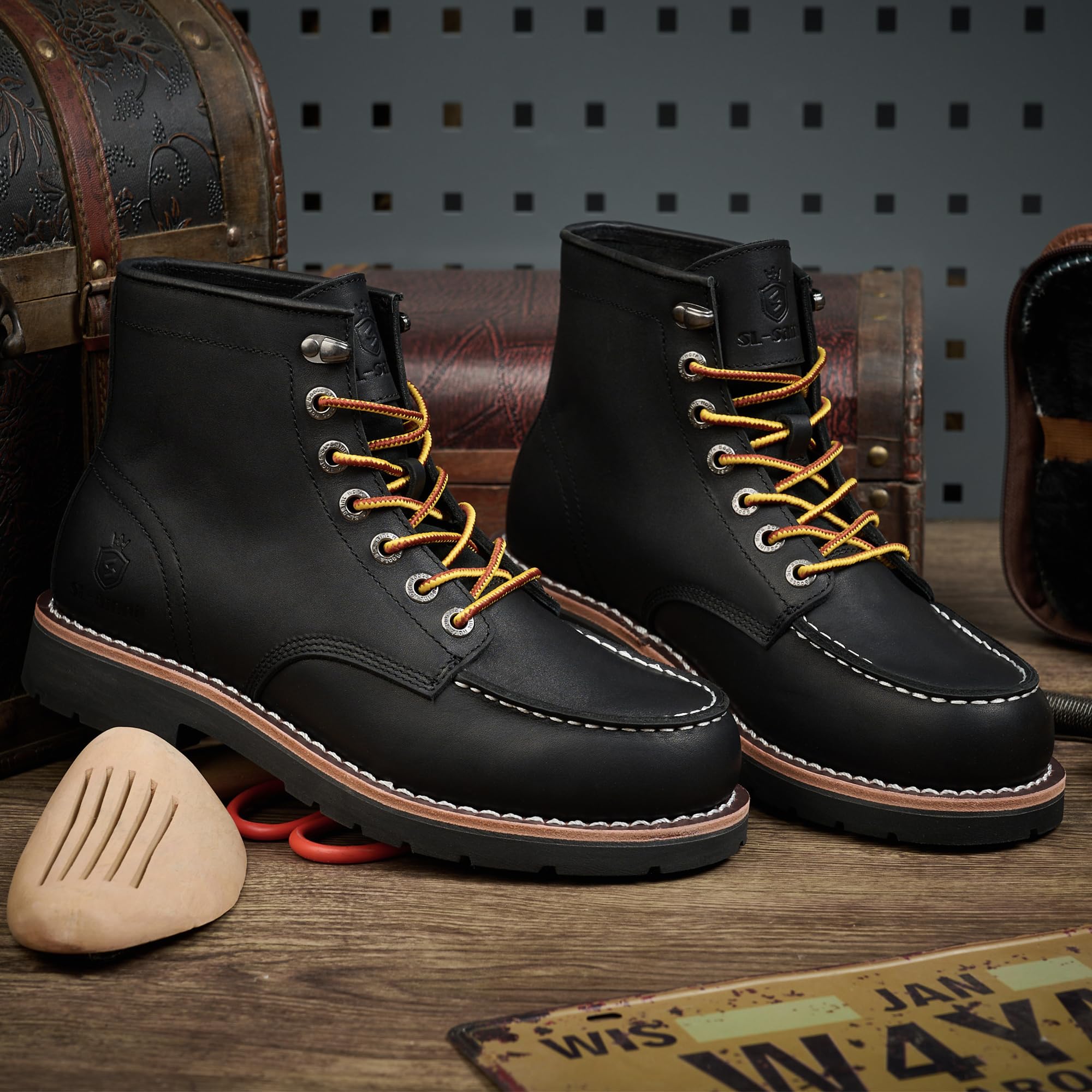 SL-Saint Stivali da lavoro da uomo Soft Moc Toe Classic Casual 6'' con suola con zeppa Scarpe da marroni/Nero