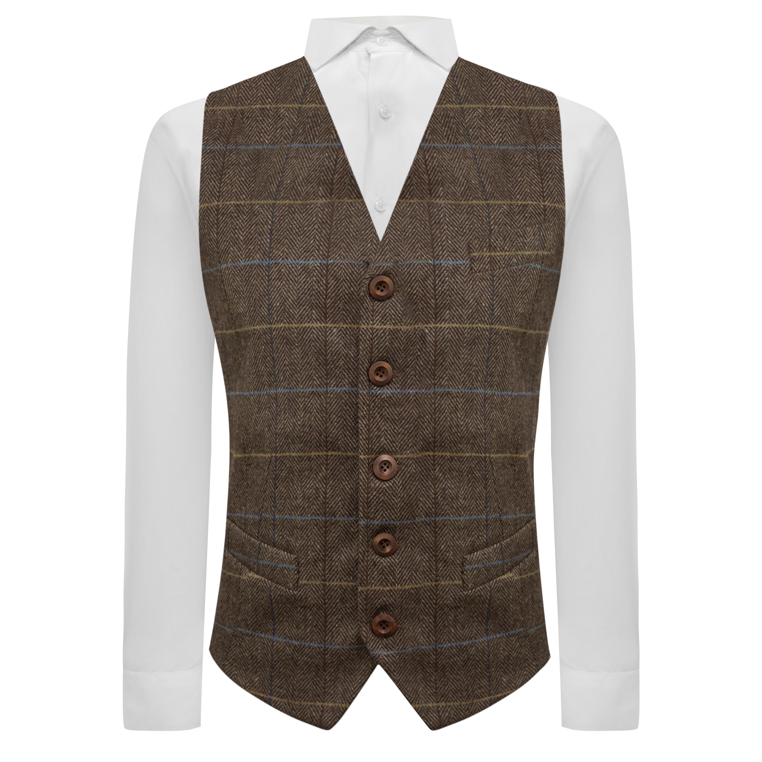 King & Priory Luxury Walnut Brown Herringbone Check Waistcoat, Tweed (UK, Alpha, S, Regular, Regular)