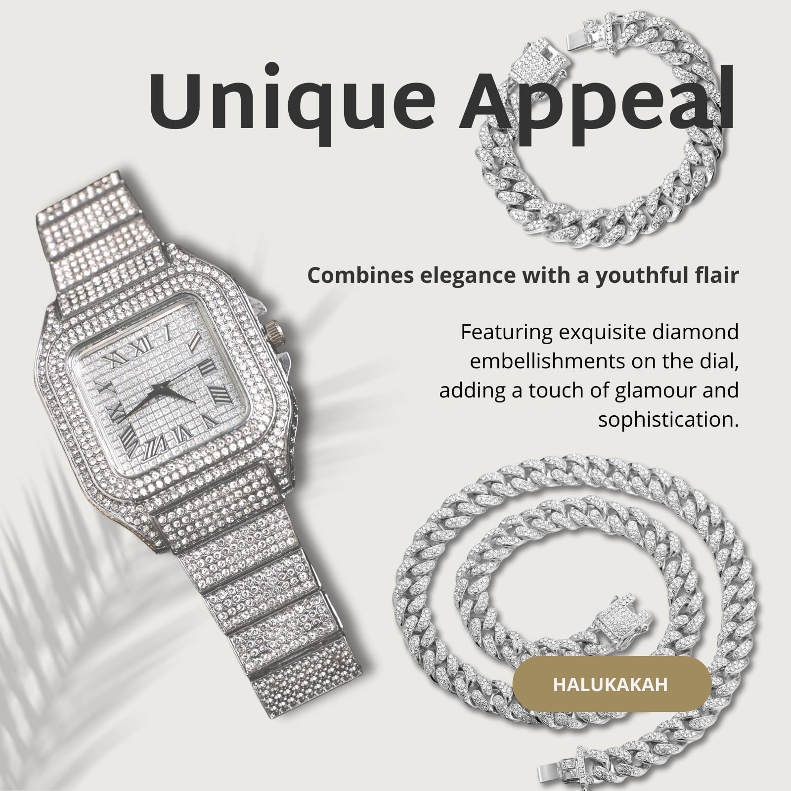 Halukakah Diamentowy złoty zegarek Iced Out dla chłopców – 18 K prawdziwe złoto/platynowana platyna, 40 mm kwadratowy cyferblat, japoński mechanizm kwarcowy - długość 20 cm - opcjonalnie z łańcuszkiem