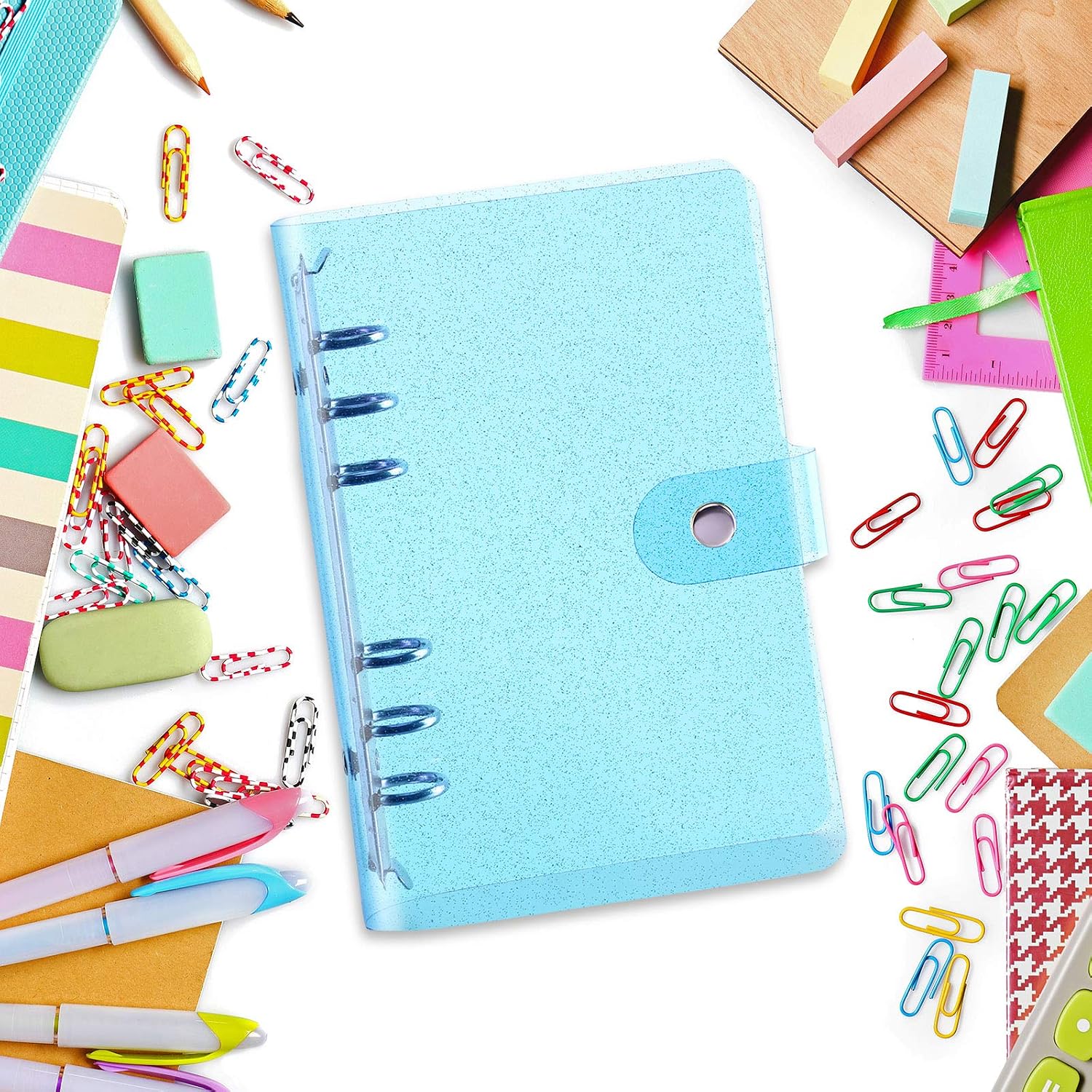 3 Pieces A6 Soft PVC 6-Ring Binder Cover with Glitter, Rainbow Clear Transparent PVC Notebook Folder Cover with Snap Button Closure Loose Leaf Binder Protector