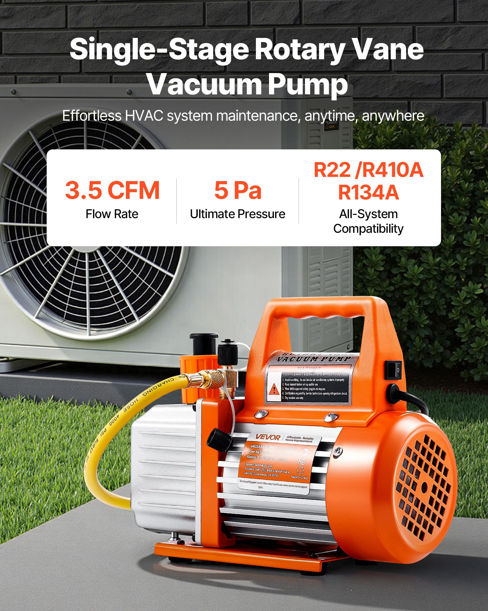 VEVOR Pompa per Vuoto 100 L/min a Palette Rotanti Monostadio HVAC Sistema R134a R22 R410a Serbatoio dell'olio, Motore a 4 Poli 5 Pa Pompa Vuoto per Manutenzione di Impianti Climatizzazione per Auto