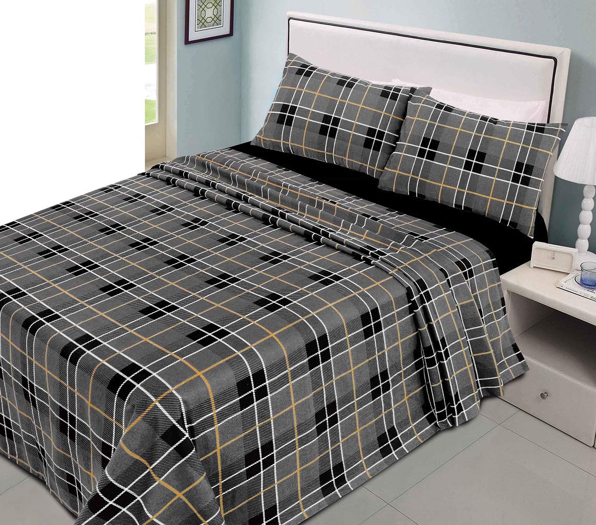 De Lavish Tartan Grey Flannelette Sheet Set Check Printed Single Size Reversible Bedding 100% Brushed Cotton Includes 1 Fitted Sheet + 1 Flat Sheet + 1 Pillowcase,