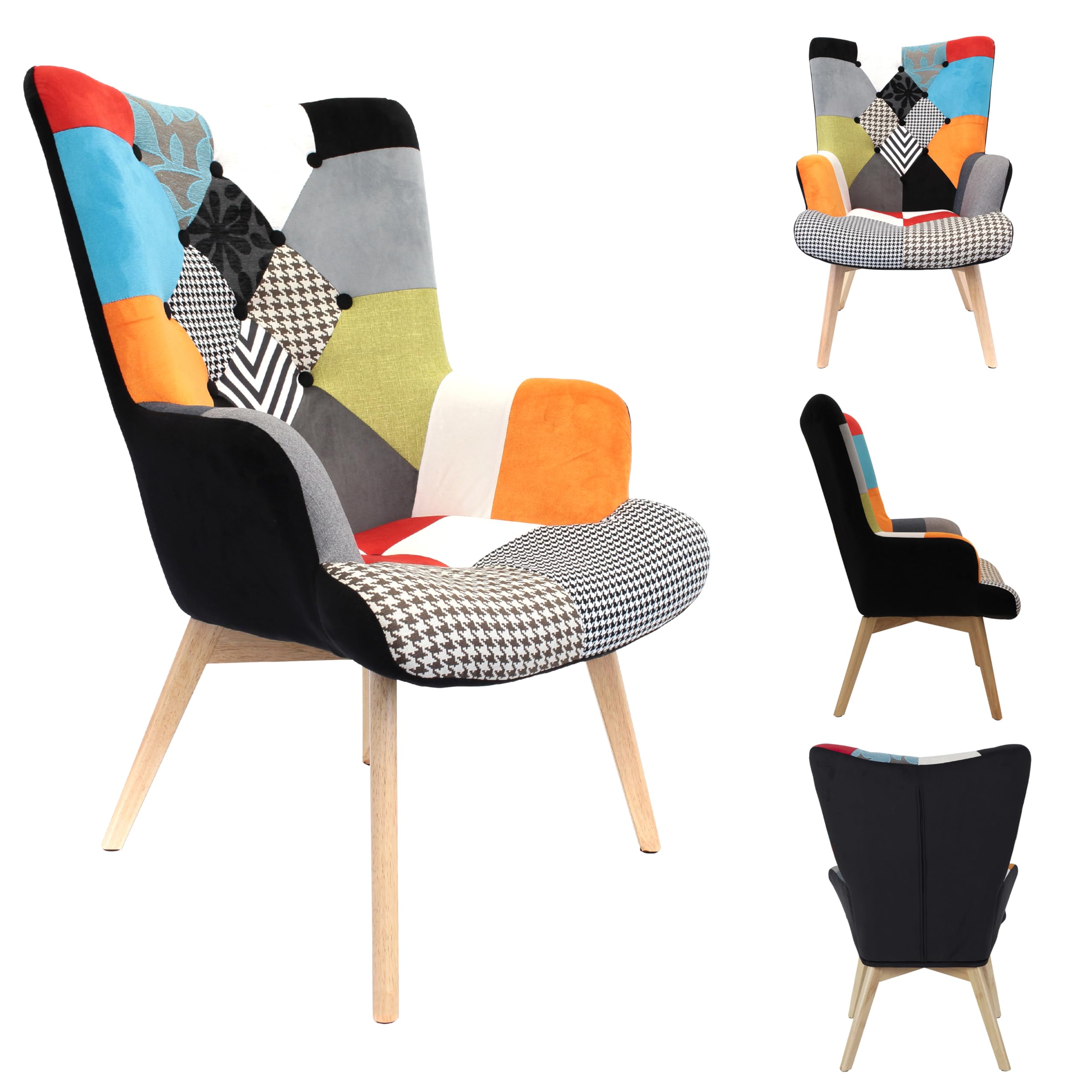 HOME DECO FACTORY Bilderrahmen-Set 10-teilig Verschiedene Größen Schwarz | Sessel aus Holz, Metall und Stoff im Patchwork-Stil, skandinavisches, bequeme Sitzfläche, Wohn-/Esszimmer, 66x99,5x72cm