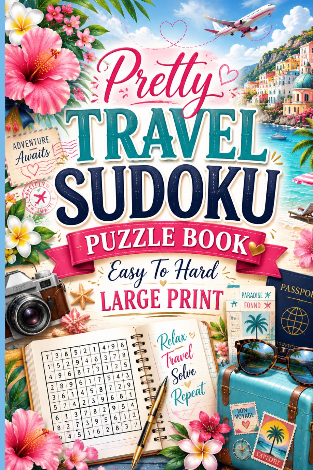 Pretty Travel Sudoku Puzzle Book, sudoku books for adults, sudoku puzzles
