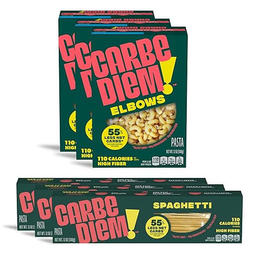 Carbe Diem!, Spaghetti & Elbow Bundle, Lower Net Carb Pasta with Traditional Flavor & Texture, 8 grams of Protein, 55% Fewer Net Carbs & Only 110 Calories Per Serving, 2 Packs of 3