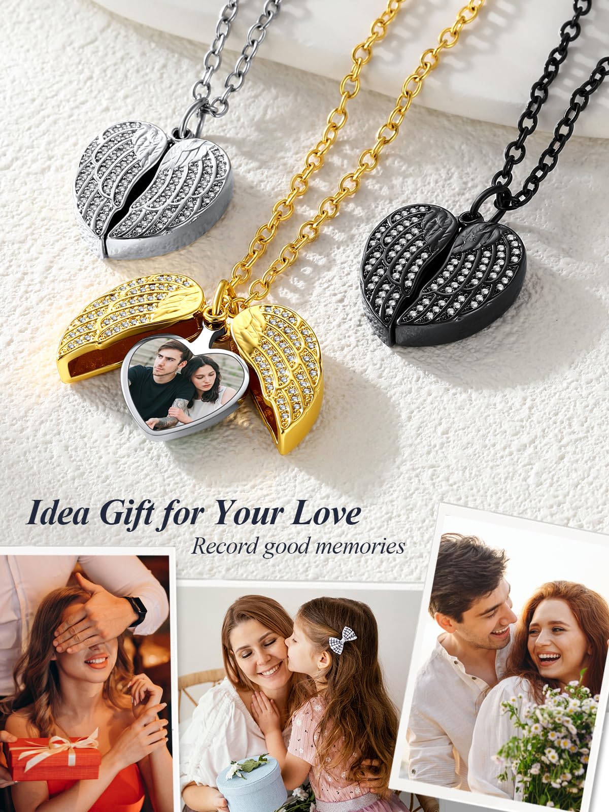 U7 Collana da Donna con Ciondolo Cuore Ali Apribile Personalizzata con Foto in Acciaio Inossidabile 316L Ciondolo Portafoto con Catena 51cm+5cm Regalo per Donna Mamma Compleanno Natale
