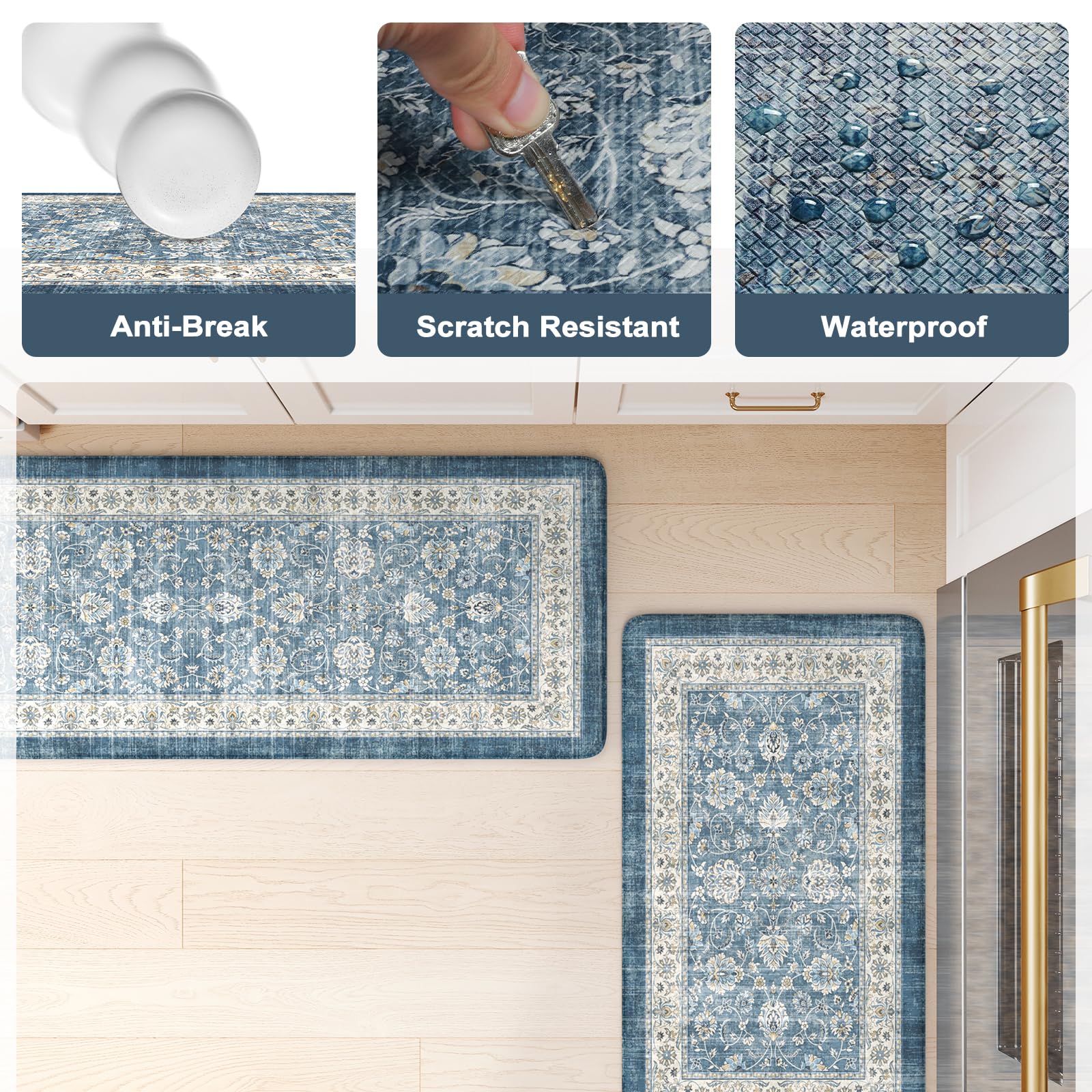 KIMODE Küchenmatten gegen Ermüdung, 43,9 x 119,4 cm + 43,9 x 73,7 cm, Boho-Blau, 2er-Set, rutschfest, wasserdicht, Küchenmatte, Vintage-Memory-Schaum, Küchenmatte für Spüle, Wäsche, Schreibtisch
