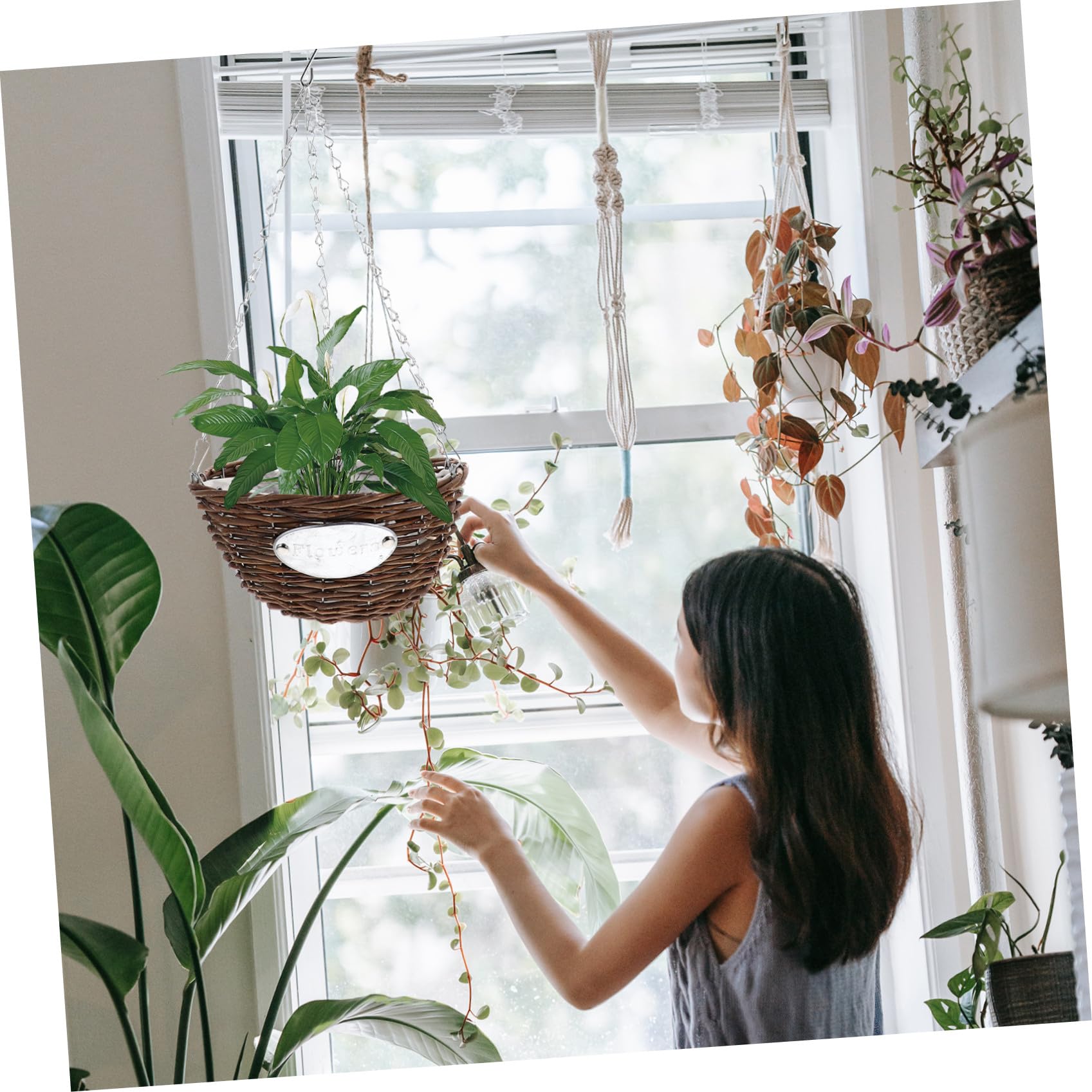 SHERCHPRY Fioriere Sospese in Metallo e Rattan, 2 Vasi da Fiori Cesto Medio 25 CM, Adatti per Esterni e Interni e Balcone