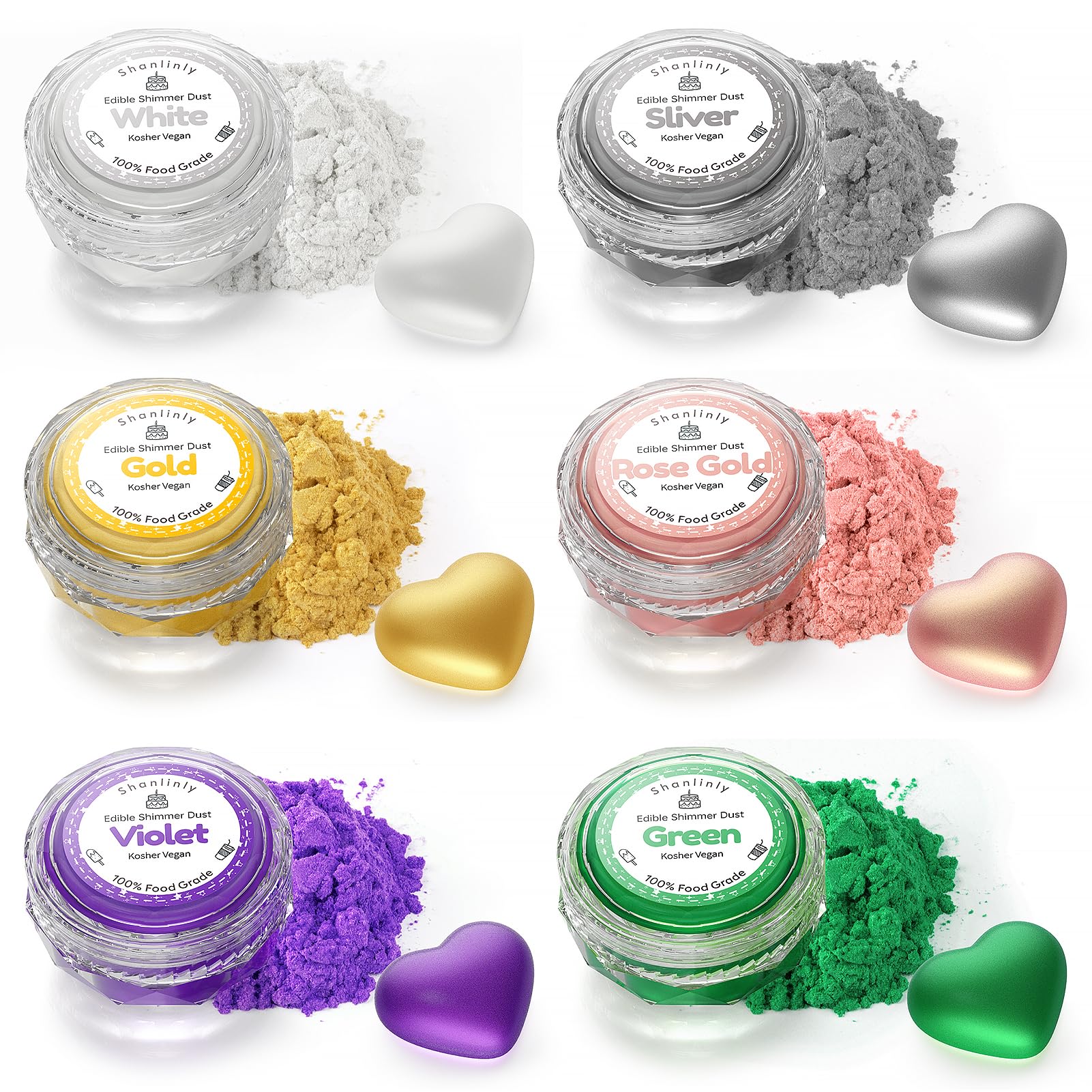 Shanlinly Luster Dust Edible 6 Colors Set, Food Grade Edible Gold Cake Dust for Drinks, Gold Food Coloring Powder Sprinkles for Cake Decoration, Paints, Desserts, Chocolates, Kosher Vegan