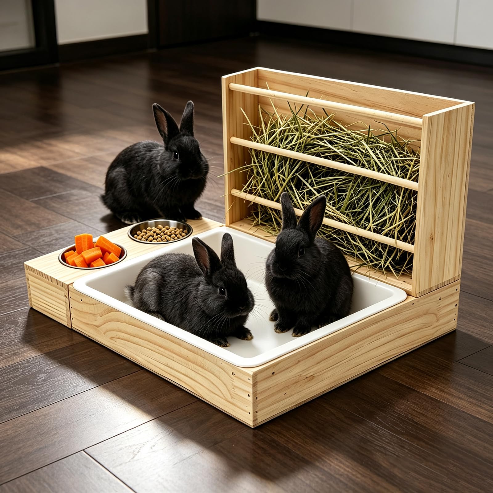 Râteau à foin 3 en 1 pour lapin avec litière et gamelles de nourriture, distributeur de nourriture en bois, mangeoire pour petits animaux avec distributeur de foin pour cochons d'Inde, hamsters et