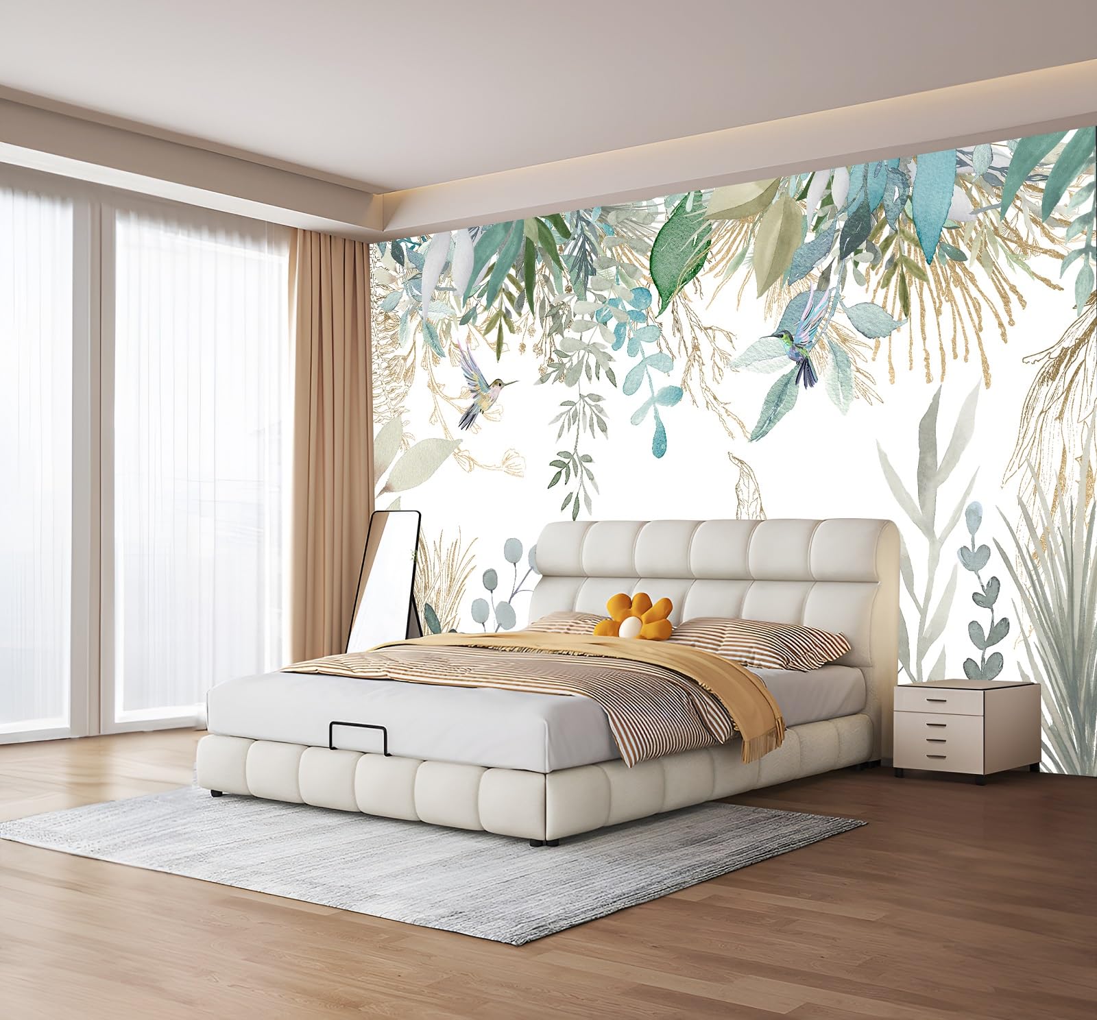MWSSEGGE Non-woven Wallpaper Plants Leaves Bird for Living Room Bedroom, Children's Room Wall Decoration (200 x 140 cm)