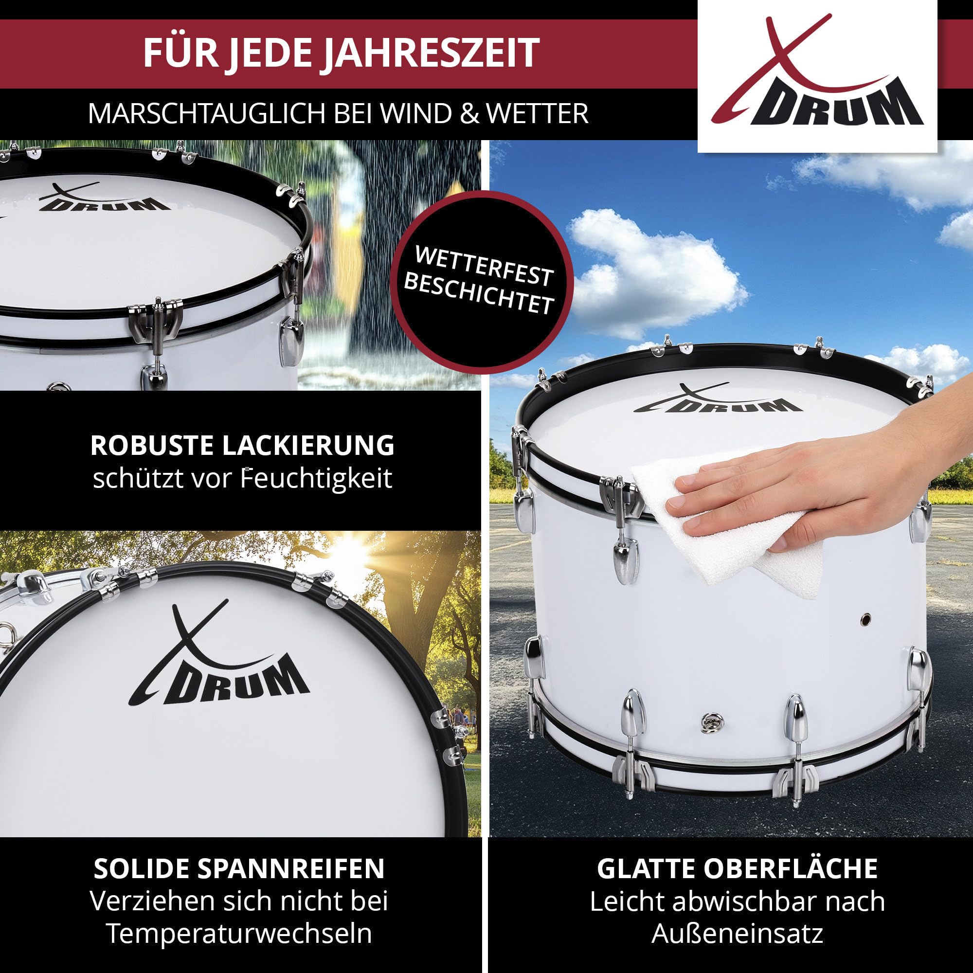 XDrum MBD-226 grancassa da marcia 26"x12" - 10,5 kg, 4 asole di trasporto, 8 viti di tensione per lato, incl. mazzuoli, cinghie e chiave di accordatura, bianco