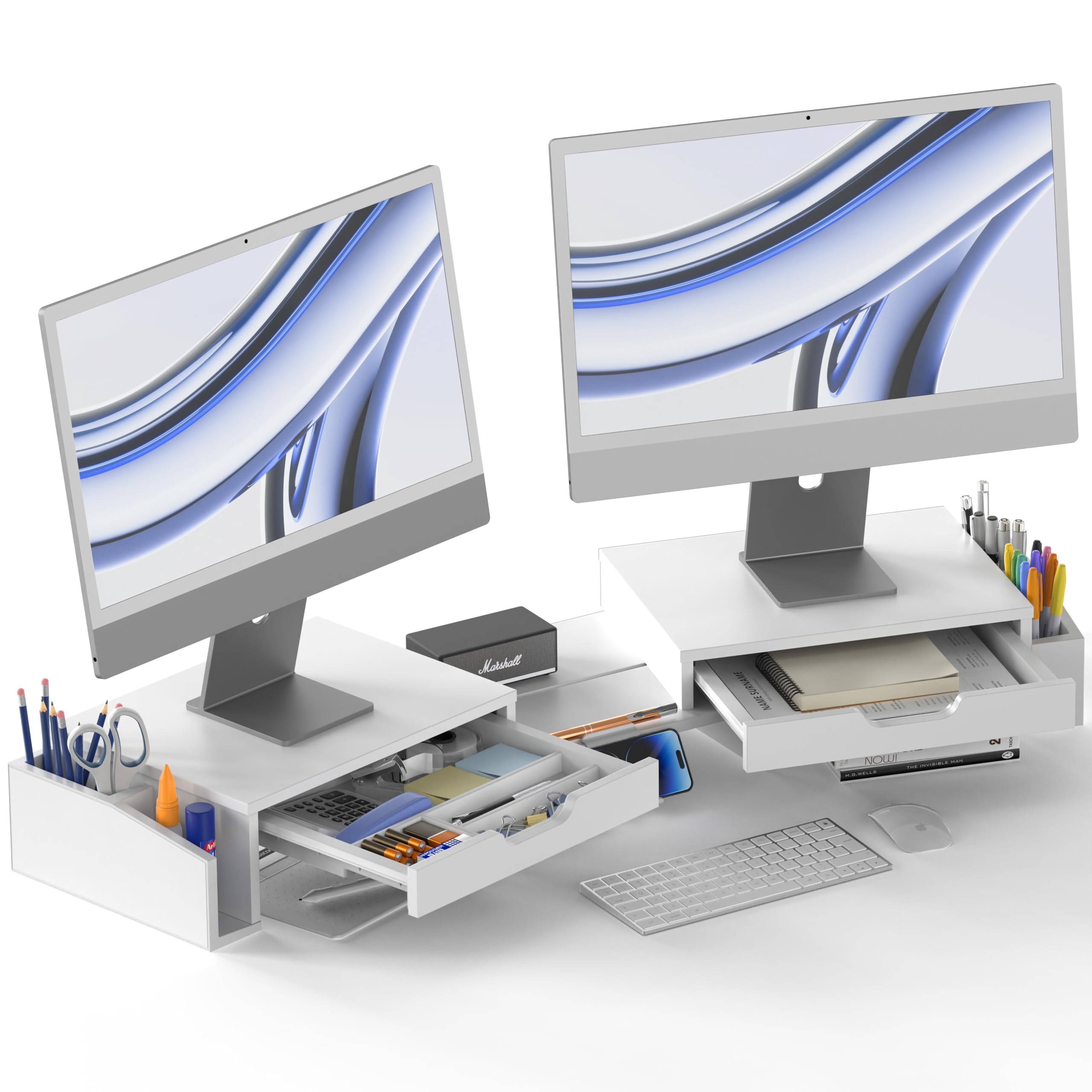 Simple Houseware Desk Dual Monitor Stand Riser with Pull-Out Drawers, White