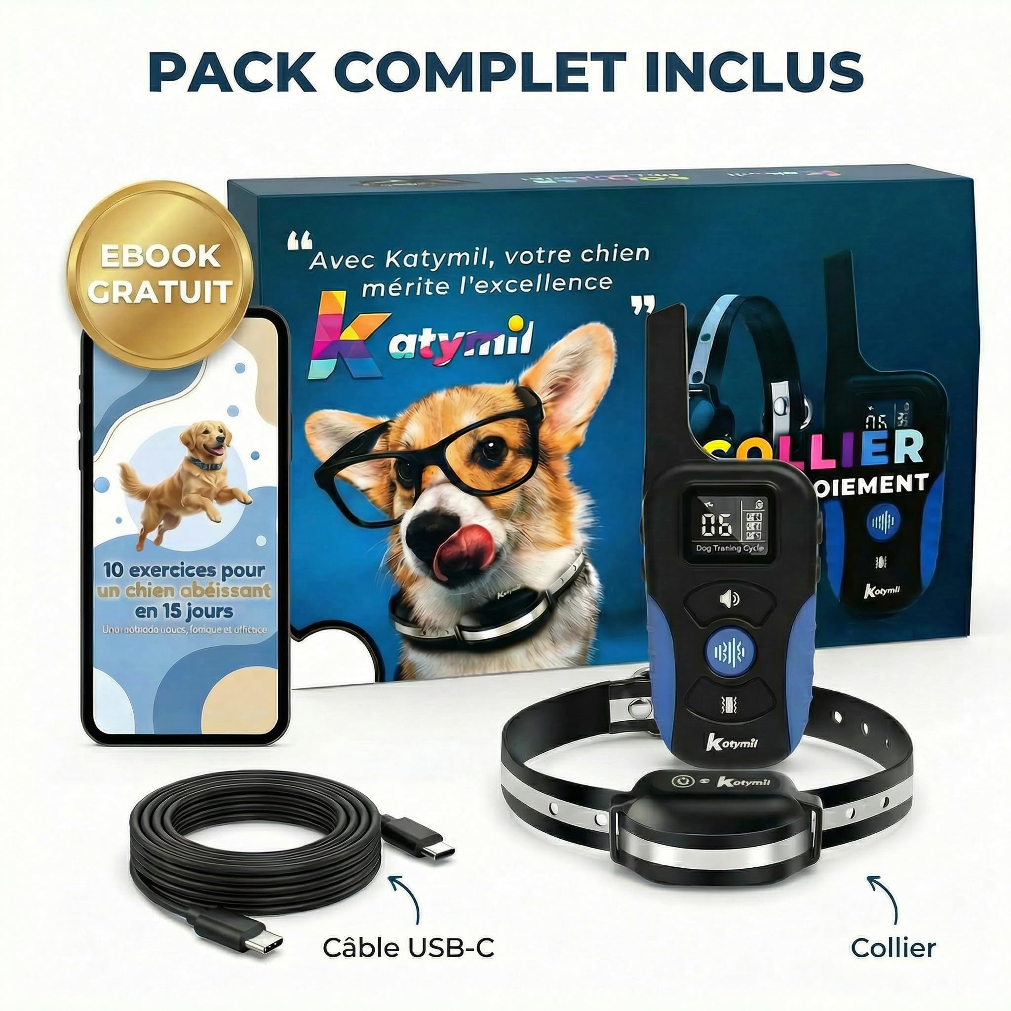 Collier de Dressage pour Chien sans Choc Électrique avec Télécommande, Ebook Éducatif Inclus, Vibration et Lumière – Étanche IP67 – Adapté à Tous Les Chiens – KATYMIL