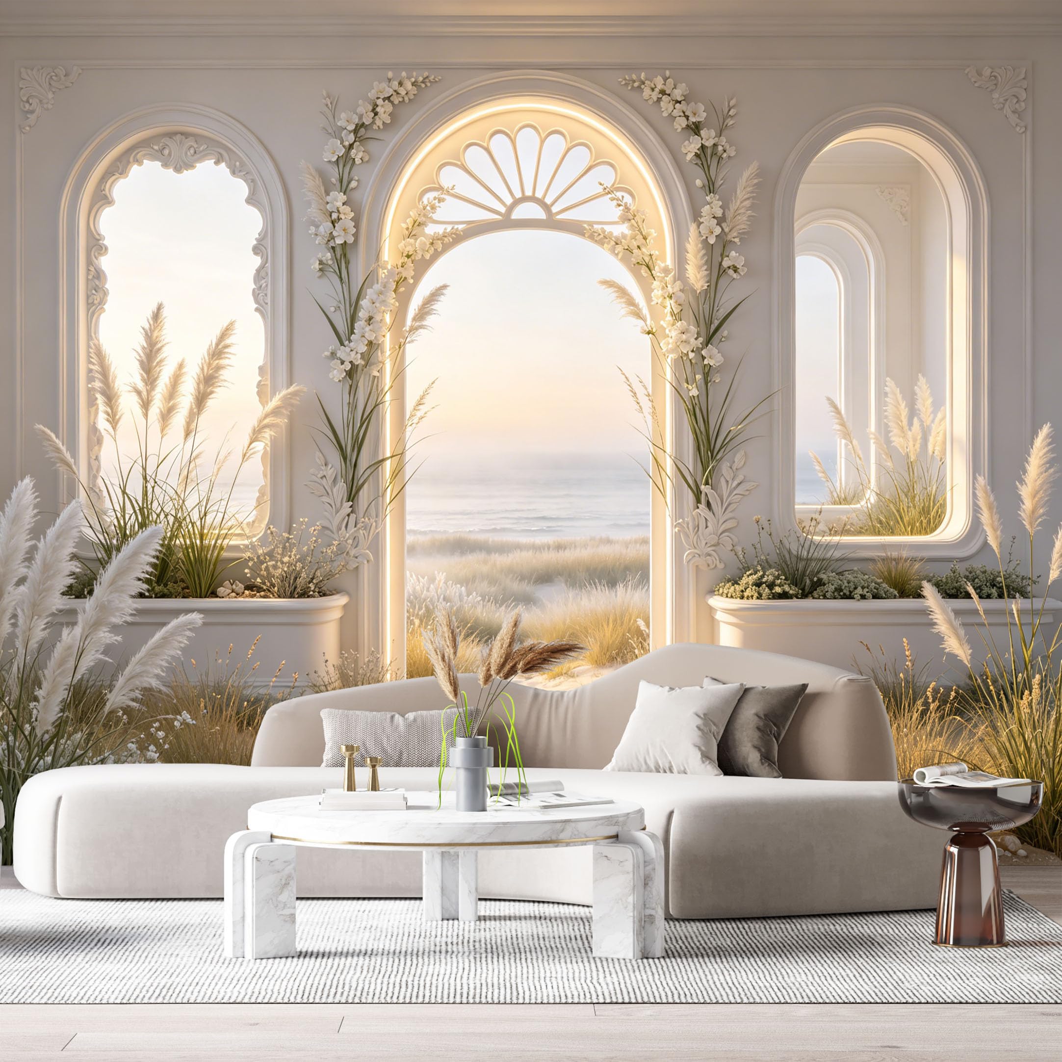Custom Size Wall Murals Neoclassical Coastal Landscape Sunset Ocean 3D Trompe L'Oeil SelfAdhesiveWall Fabric Removable Wallpaper Wall Decor for Living Room Bedroom Bathroom