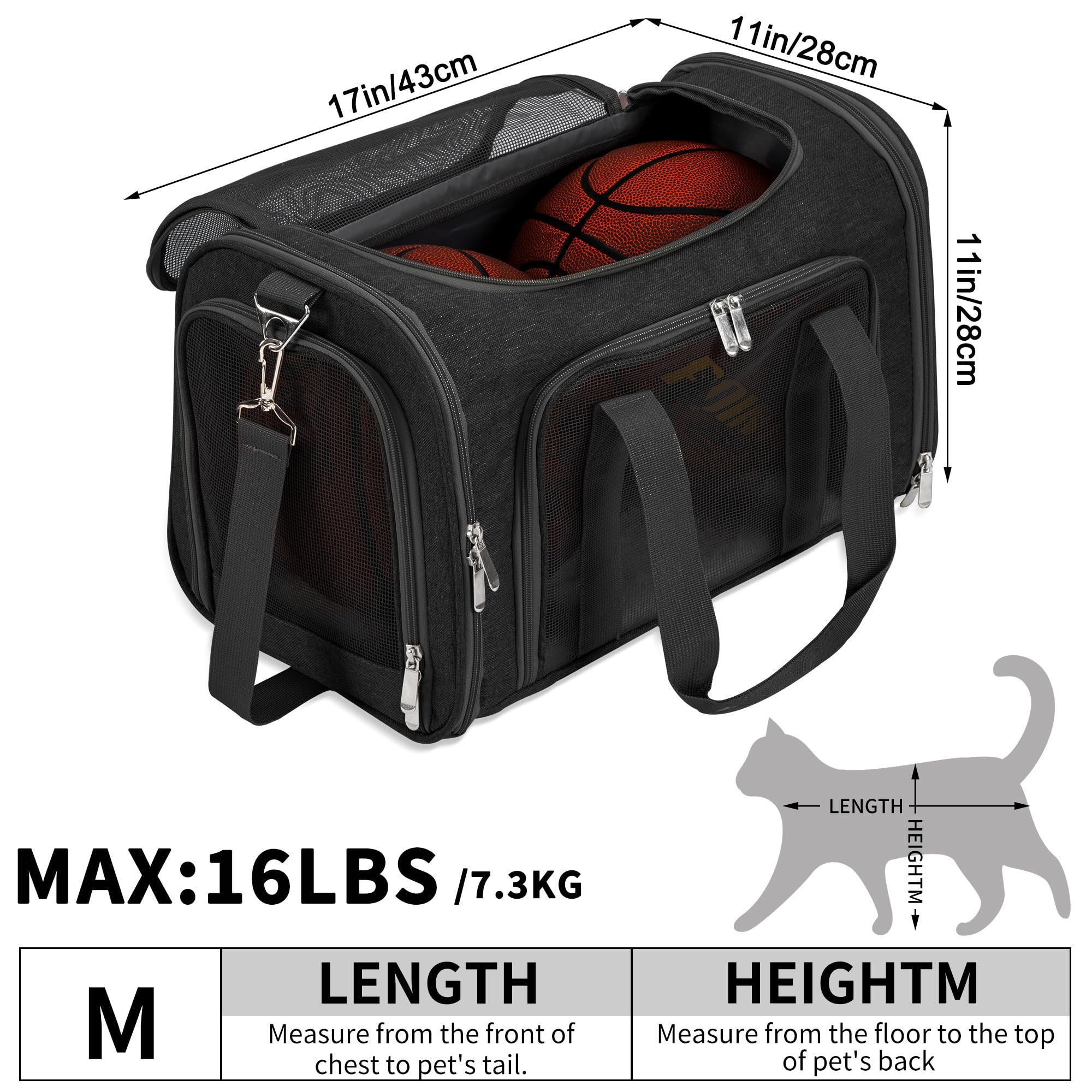 Soft-Sided Cat/Dog/Pet Carrier, Collapsible Pets Travel Carriers for Big Cats/Small Dogs with Shoulder Strap & Removable Mat, Mesh Puppy Carry Bag, Up to 16 Lbs, TSA Airline Approved(Black)