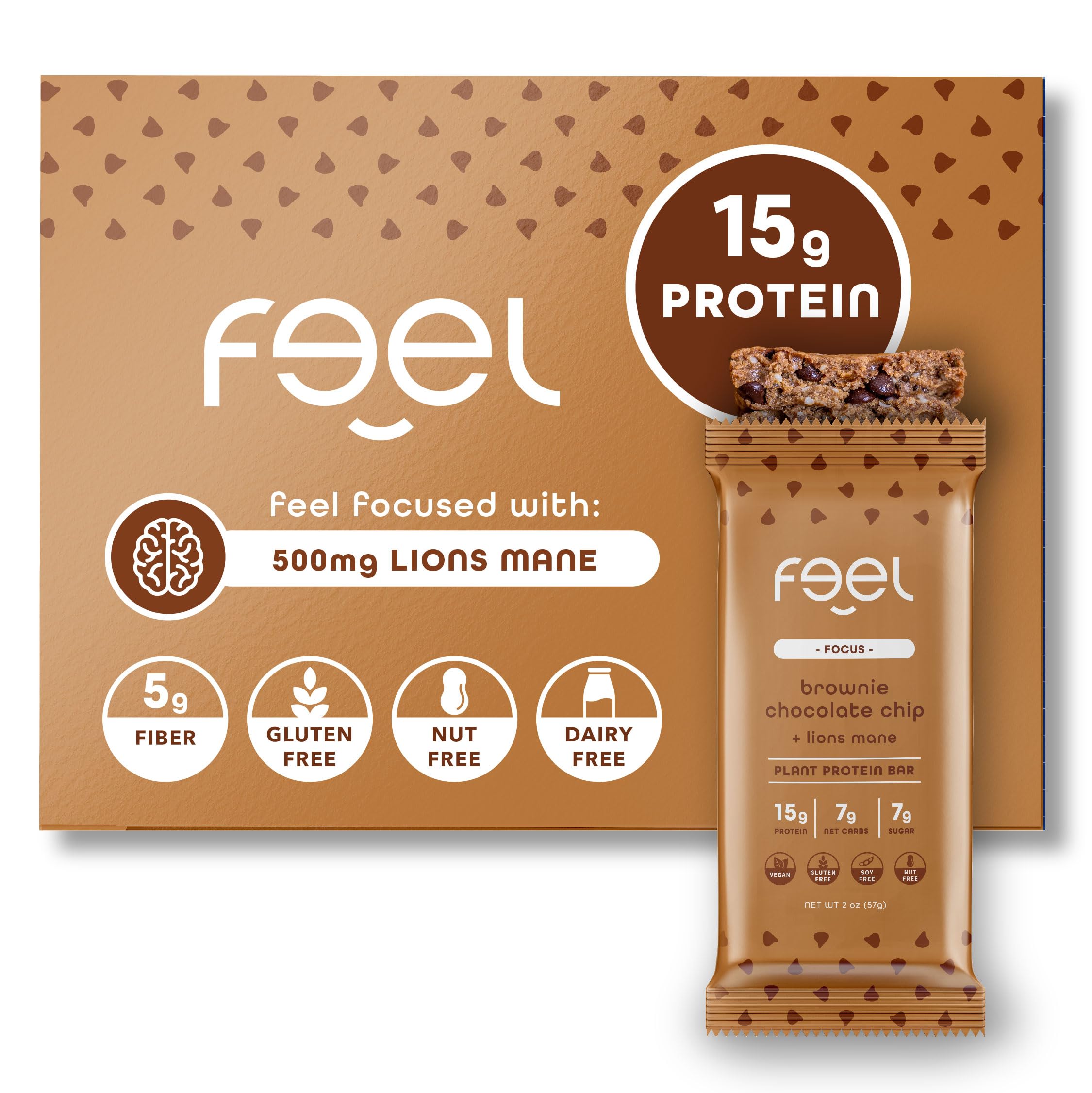 Feel Vegan Protein Bars | Brownie Chocolate Chip | Keto | Gluten Free | Organic | Lion’s Mane | 15g Plant Protein | Low Carb | High Protein | Dairy Free | Low Sugar | Nut, Grain, Soy Free | 10 Pack