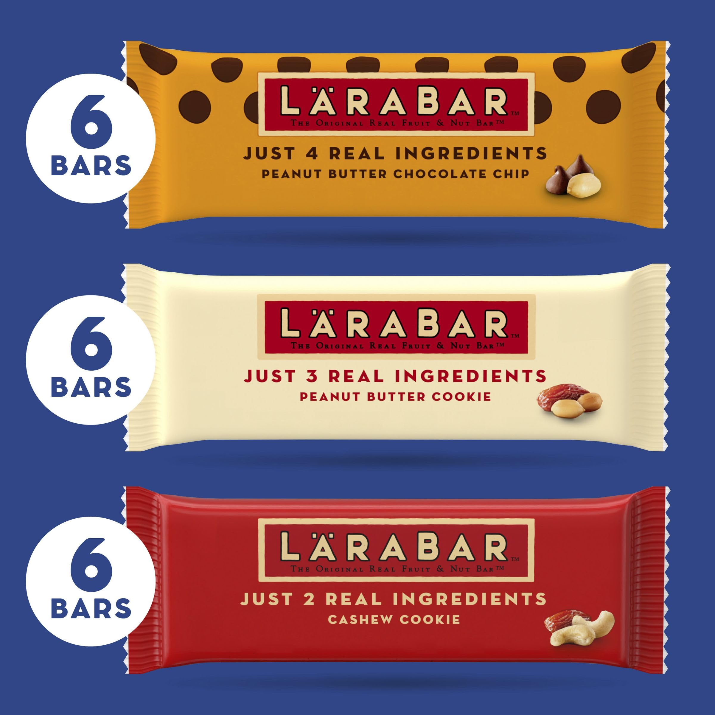Larabar - Paquete variado de barras de frutas y nueces, 18 unidades, 30 onzas | PB Choc Chip, galletas PB y galletas de anacardo, 6 barras cada una, sin lácteos, sin OMG