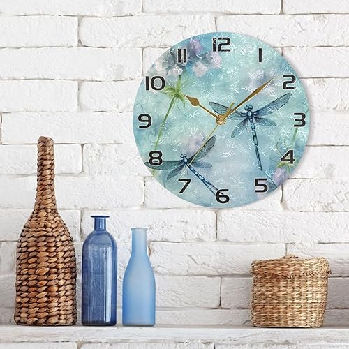 Miniatura 7 de Kigai Reloj de pared de libélulas de acuarela, silencioso sin tictac, funciona con pilas, reloj redondo para cocina, oficina, escuela, hogar