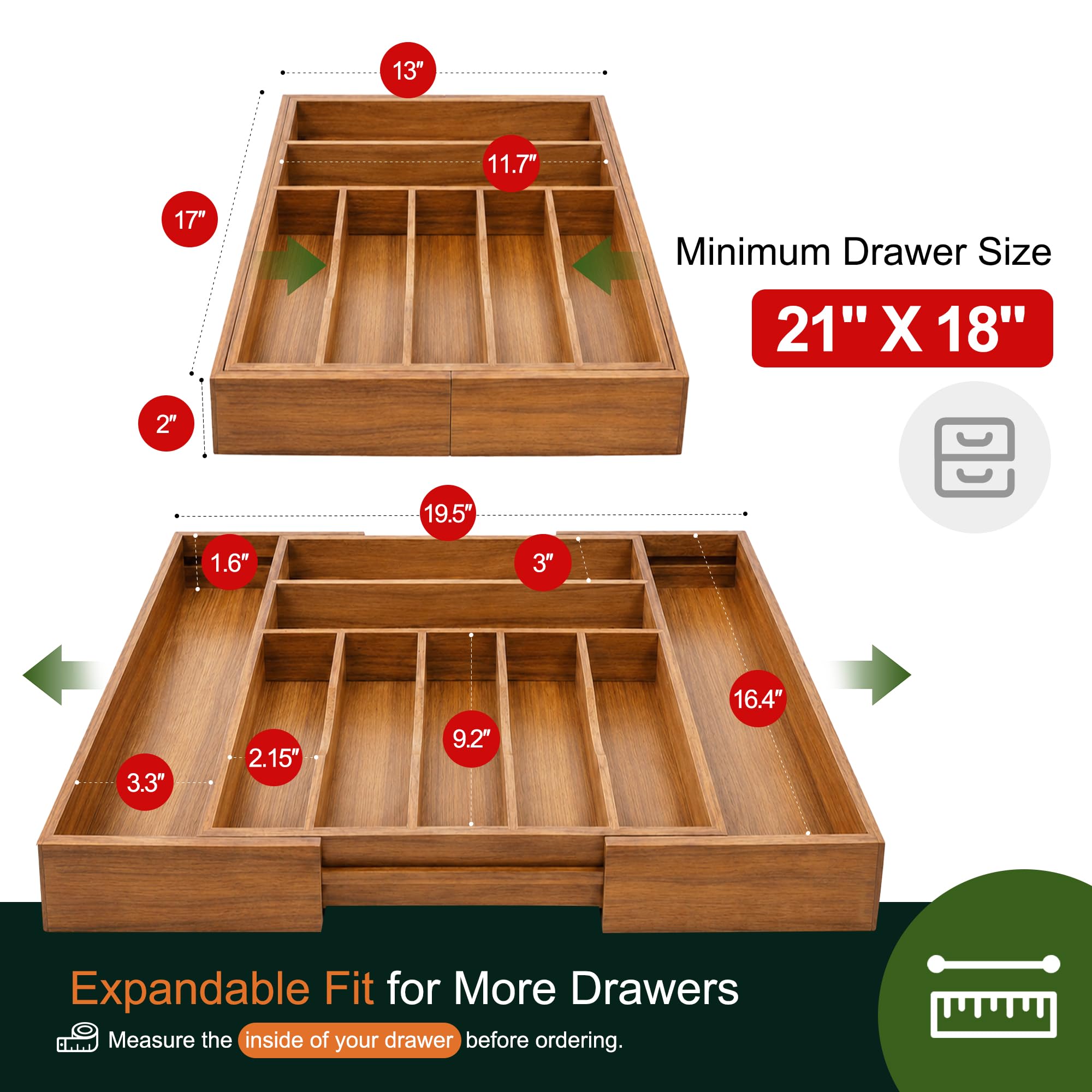 Großer Premium-Akazien-Besteck-Organizer – erweiterbarer Schubladen-Organizer und Utensilien-Organizer – 43,2 x 50 cm Besteckkasten mit Trennwänden für Küchenutensilien und Besteck (7–9 Fächer)