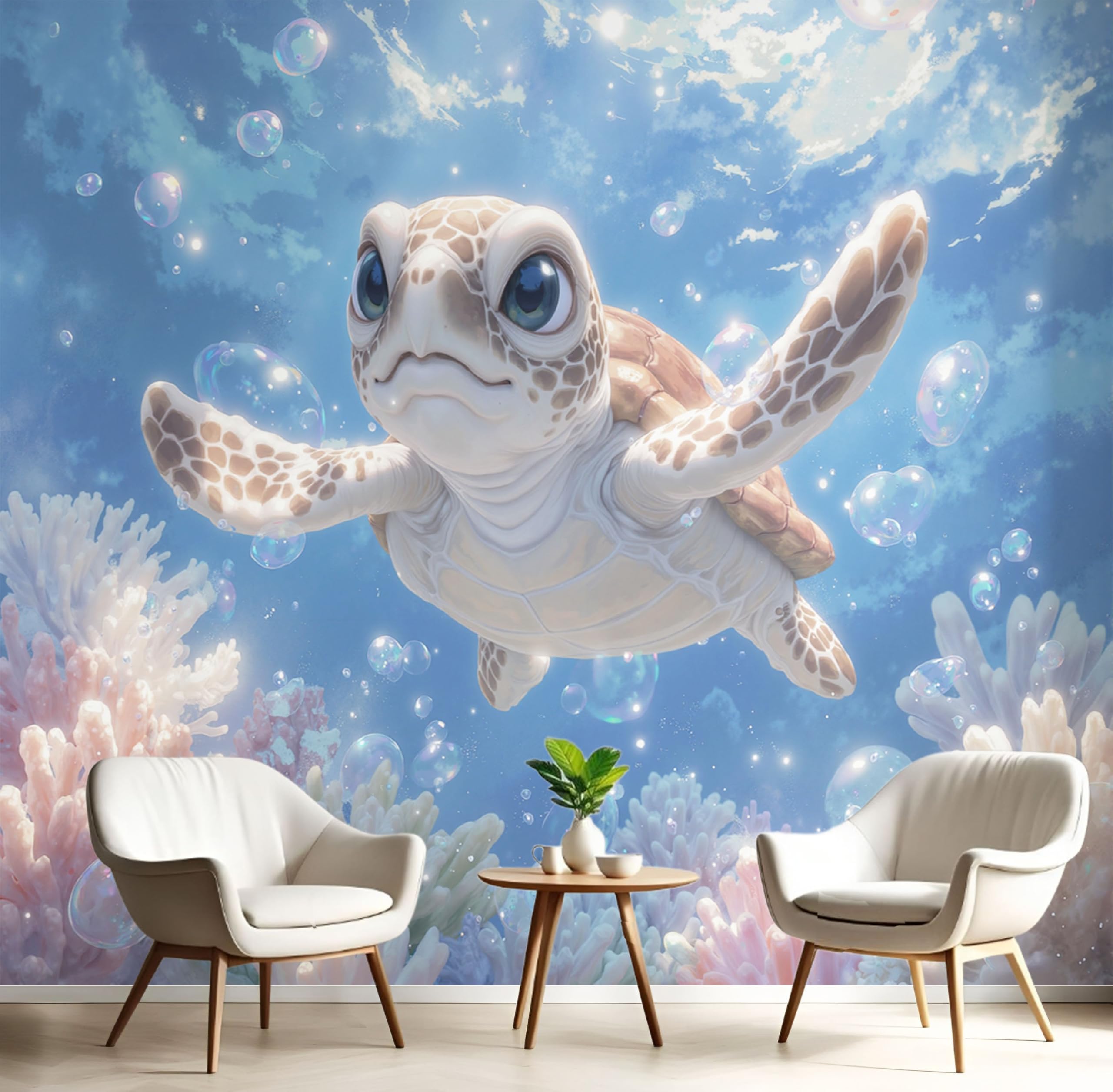 Papier Peint Panoramique Tortue 3D pour Agrandir le Salon Lumineux